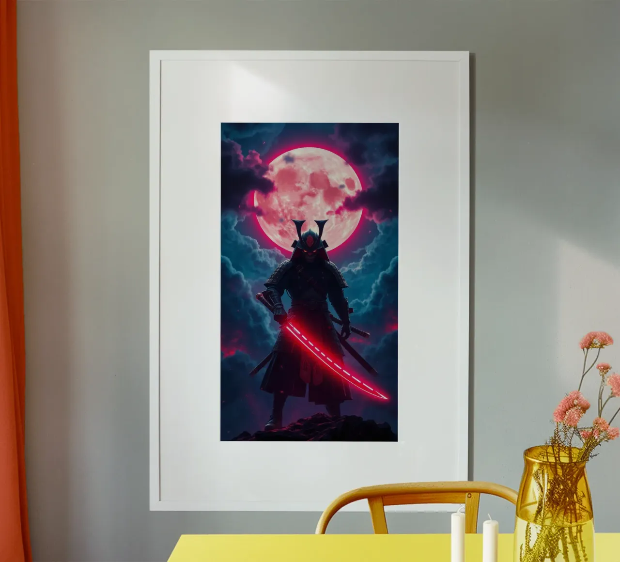 Epic samurai warrior under a glowing moon with a red aura poster with wooden frame by DesignDoodle