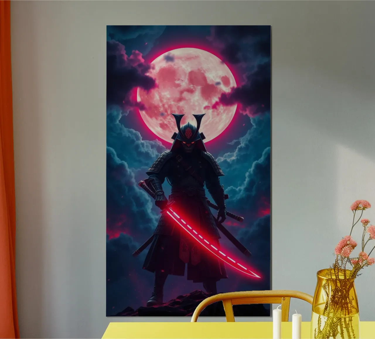 Epic samurai warrior under a glowing moon with a red aura poster with wooden frame by DesignDoodle
