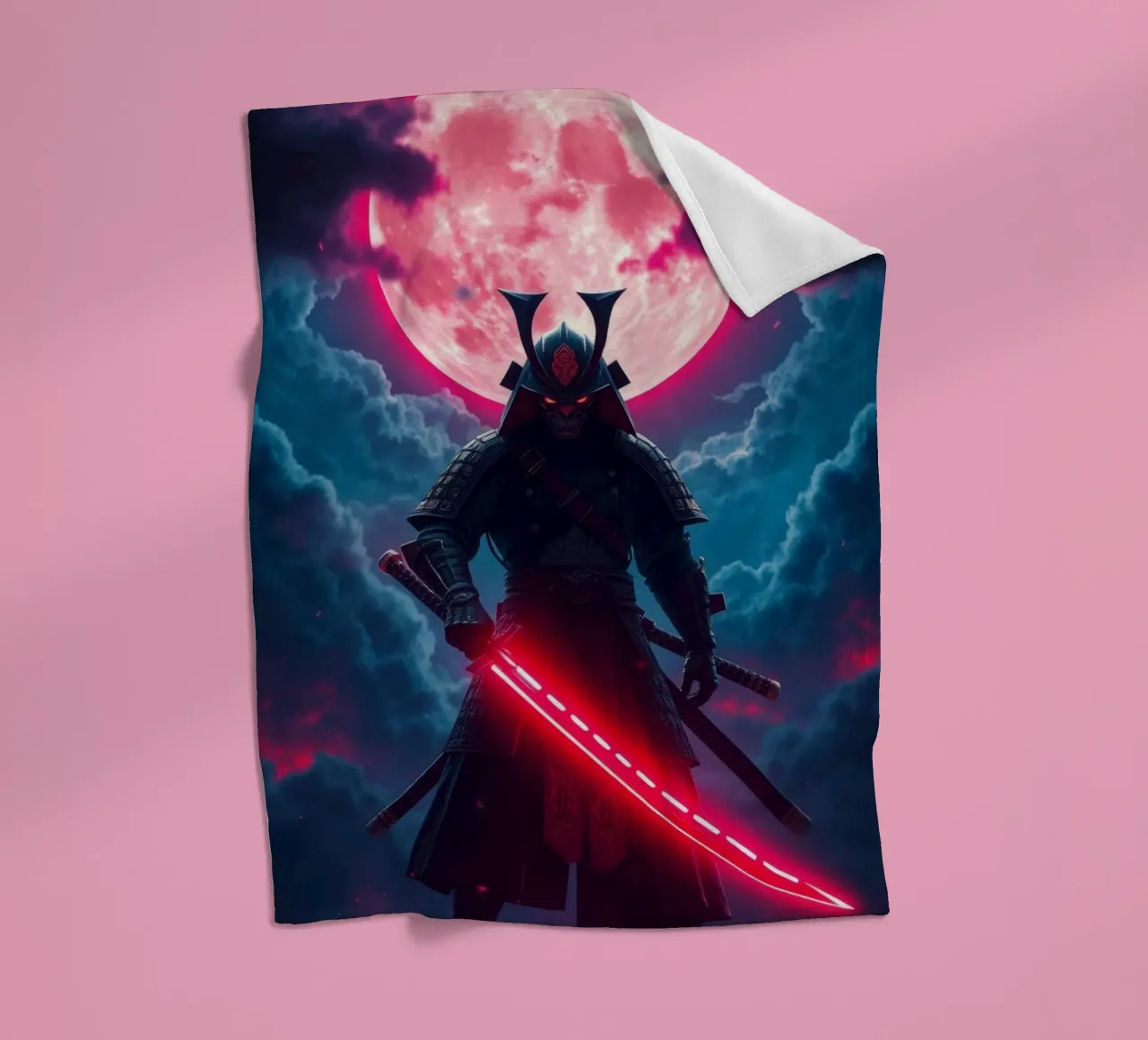 Epic samurai warrior under a glowing moon with a red aura fleece blanket by DesignDoodle