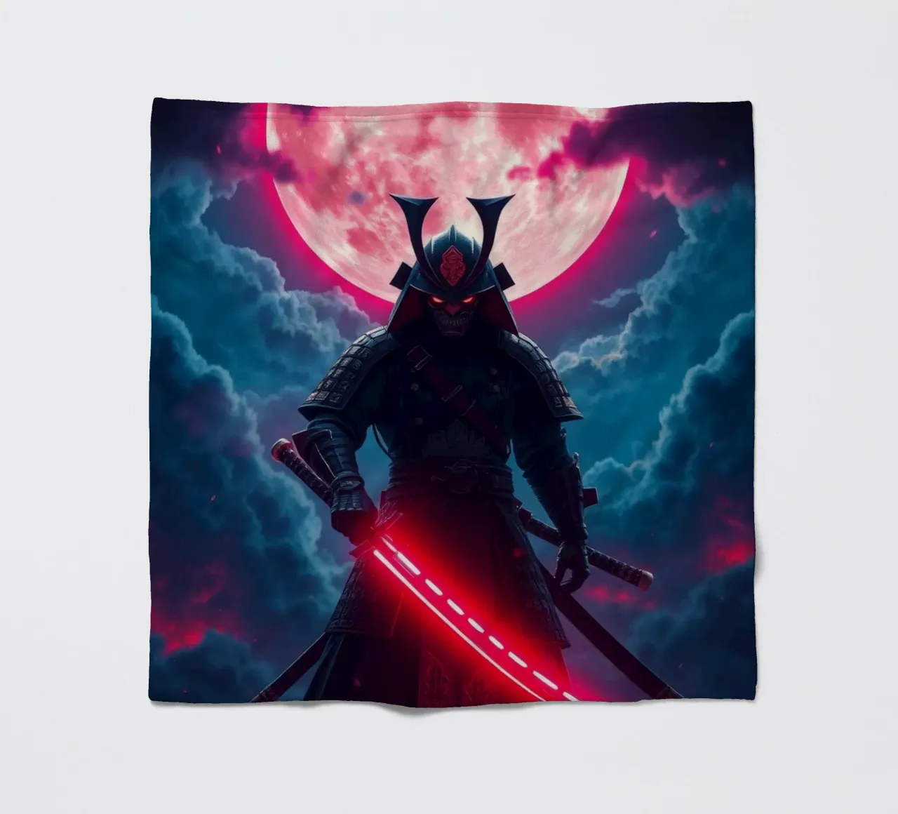 Epic samurai warrior under a glowing moon with a red aura fleece blanket by DesignDoodle