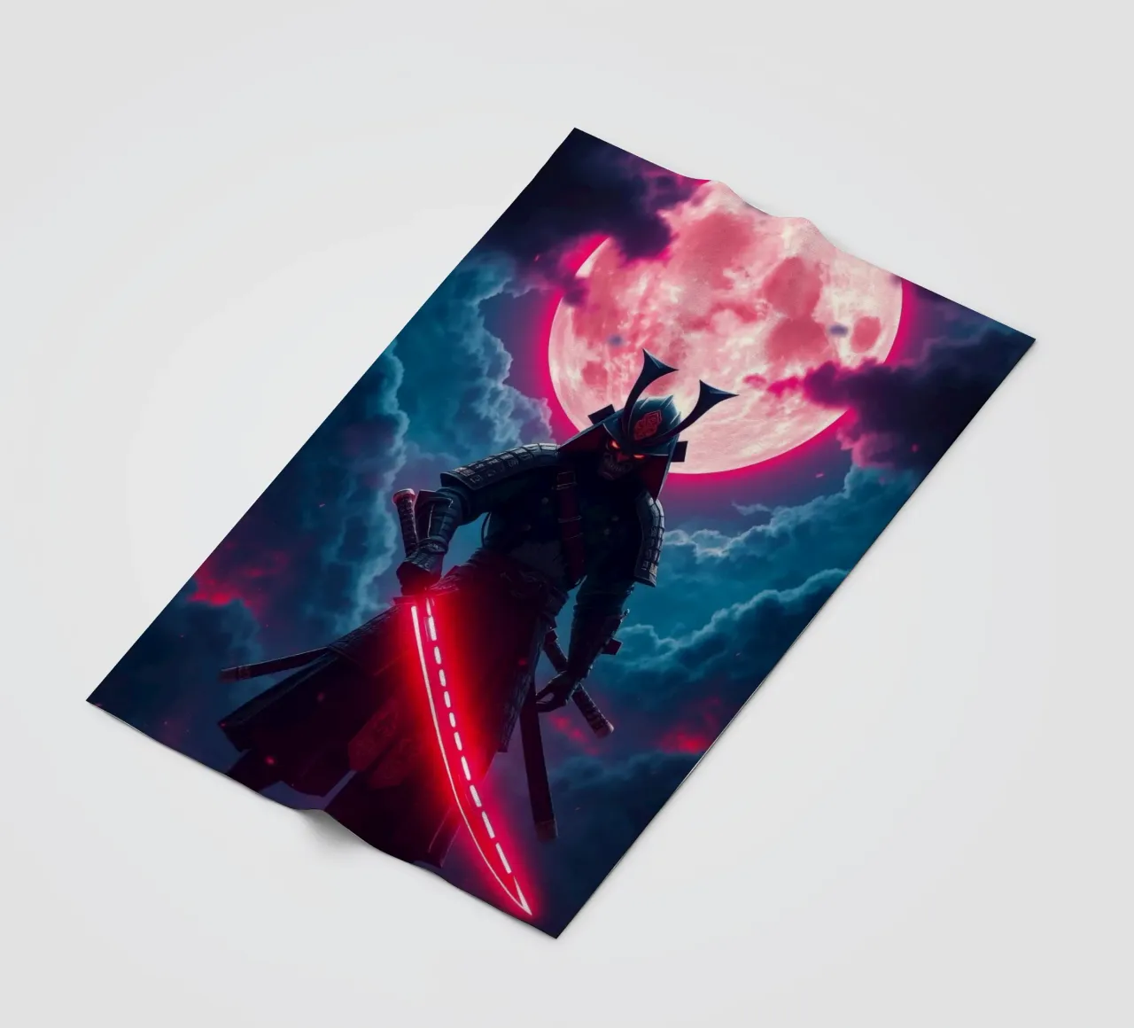 Epic samurai warrior under a glowing moon with a red aura fleece blanket by DesignDoodle