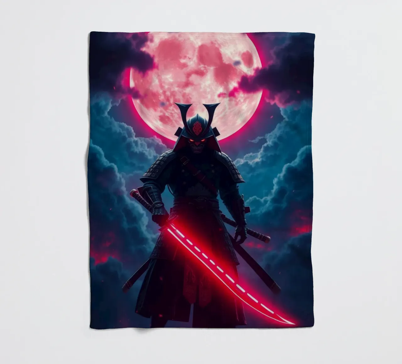 Epic samurai warrior under a glowing moon with a red aura fleece blanket by DesignDoodle
