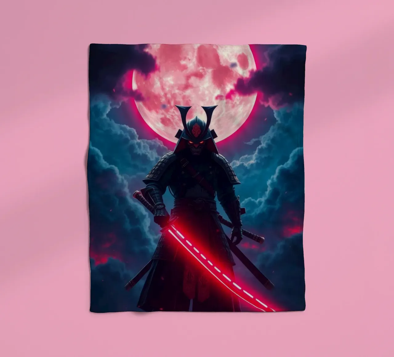 Epic samurai warrior under a glowing moon with a red aura fleece blanket by DesignDoodle