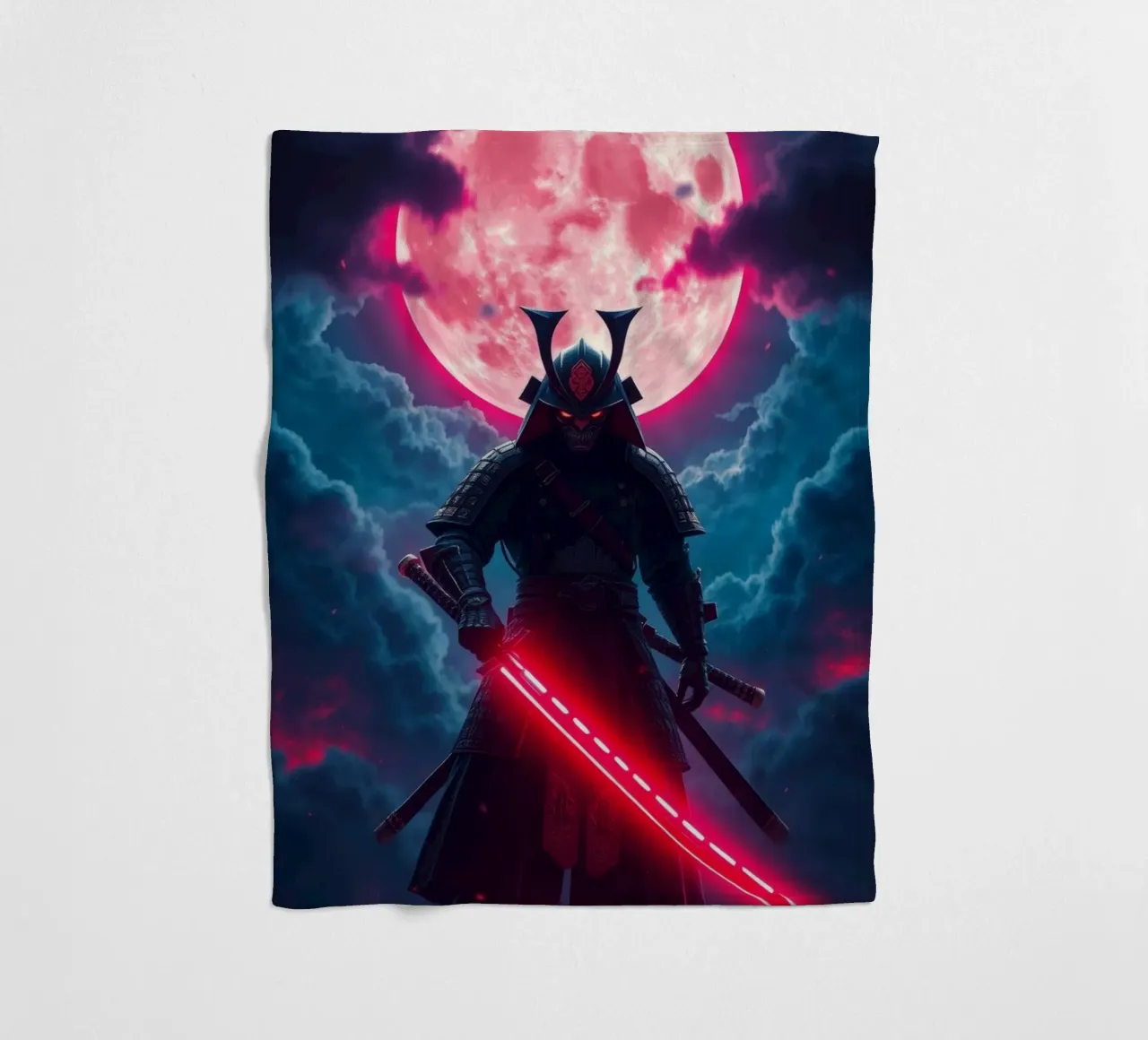 Epic samurai warrior under a glowing moon with a red aura fleece blanket by DesignDoodle