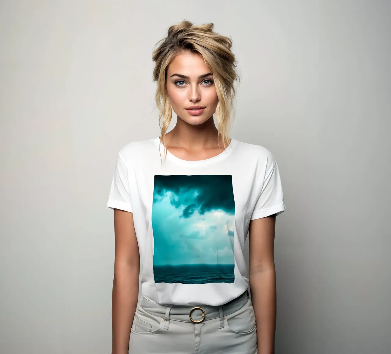 Dynamic sky over calm ocean creates serene backdrop for mobi women's fitted t-shirt by DesignDoodle