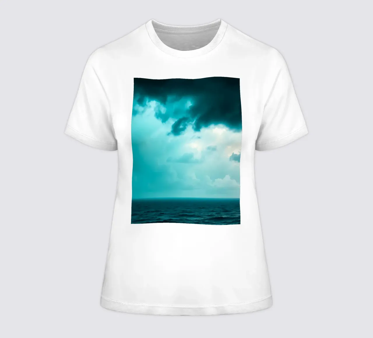 Dynamic sky over calm ocean creates serene backdrop for mobi women's fitted t-shirt by DesignDoodle