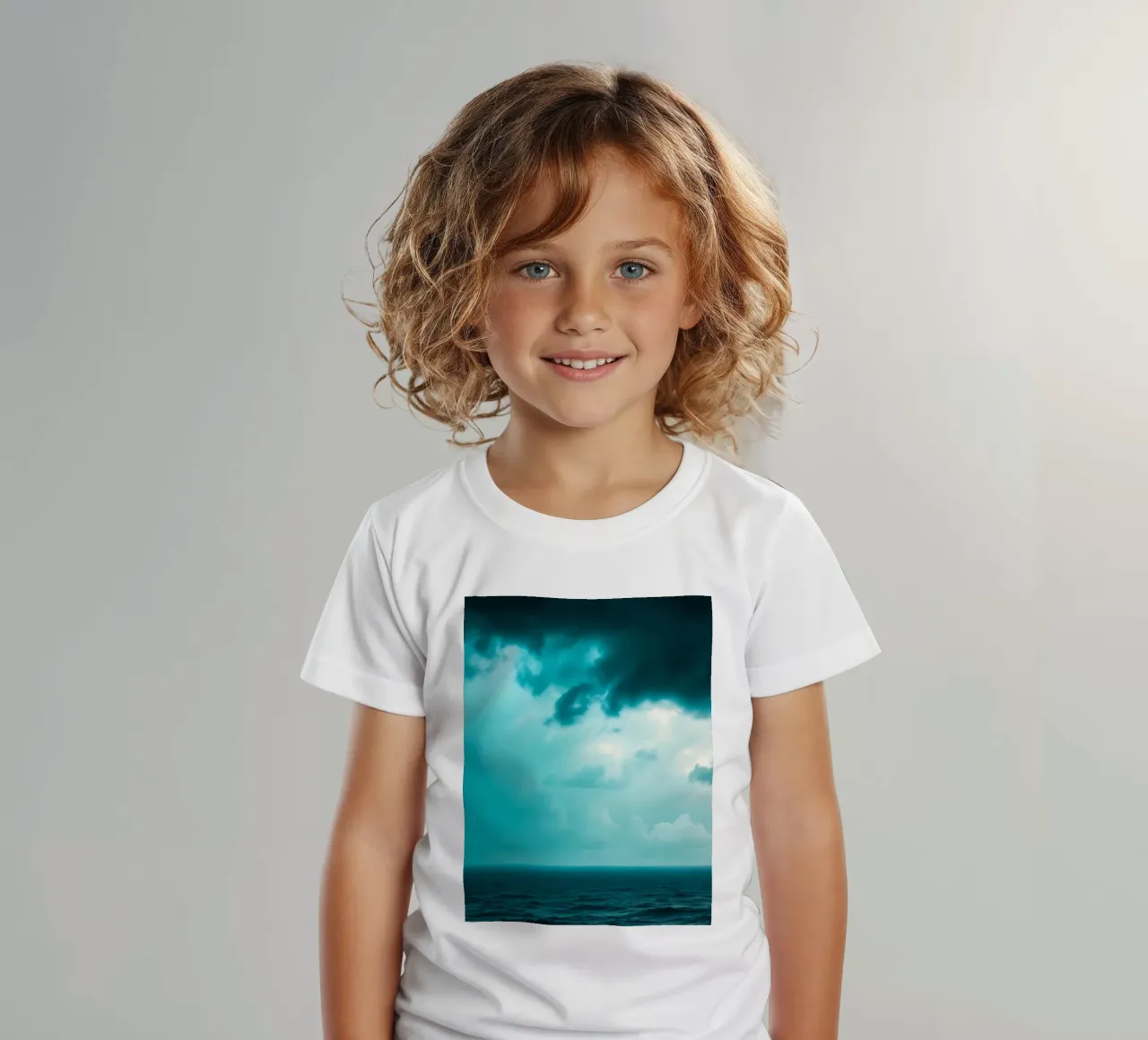 Dynamic sky over calm ocean creates serene backdrop for mobi kids t-shirt by DesignDoodle