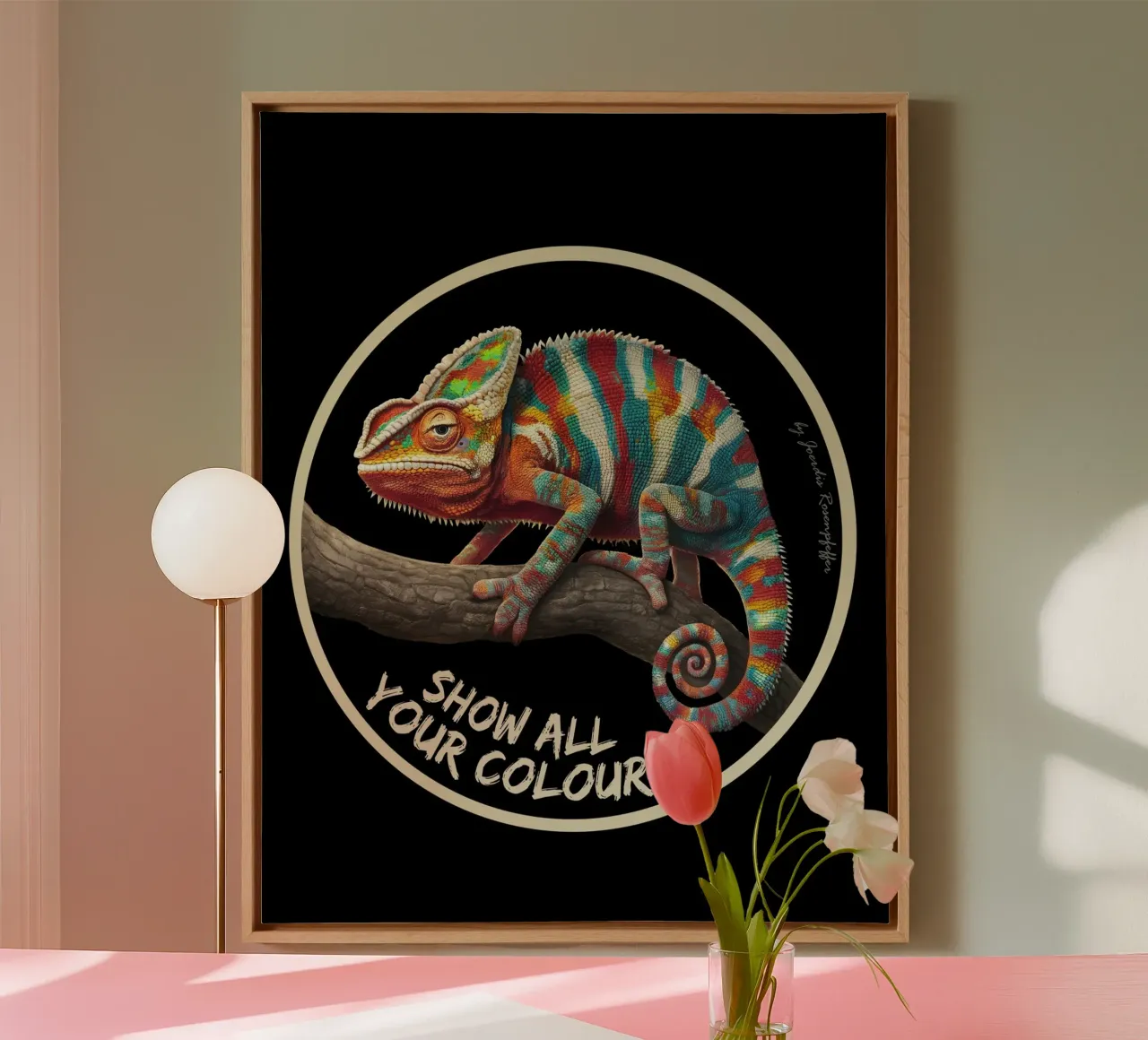 Chamäleon mit Text show all your colours canvas with Floater frame by lessstressnerd