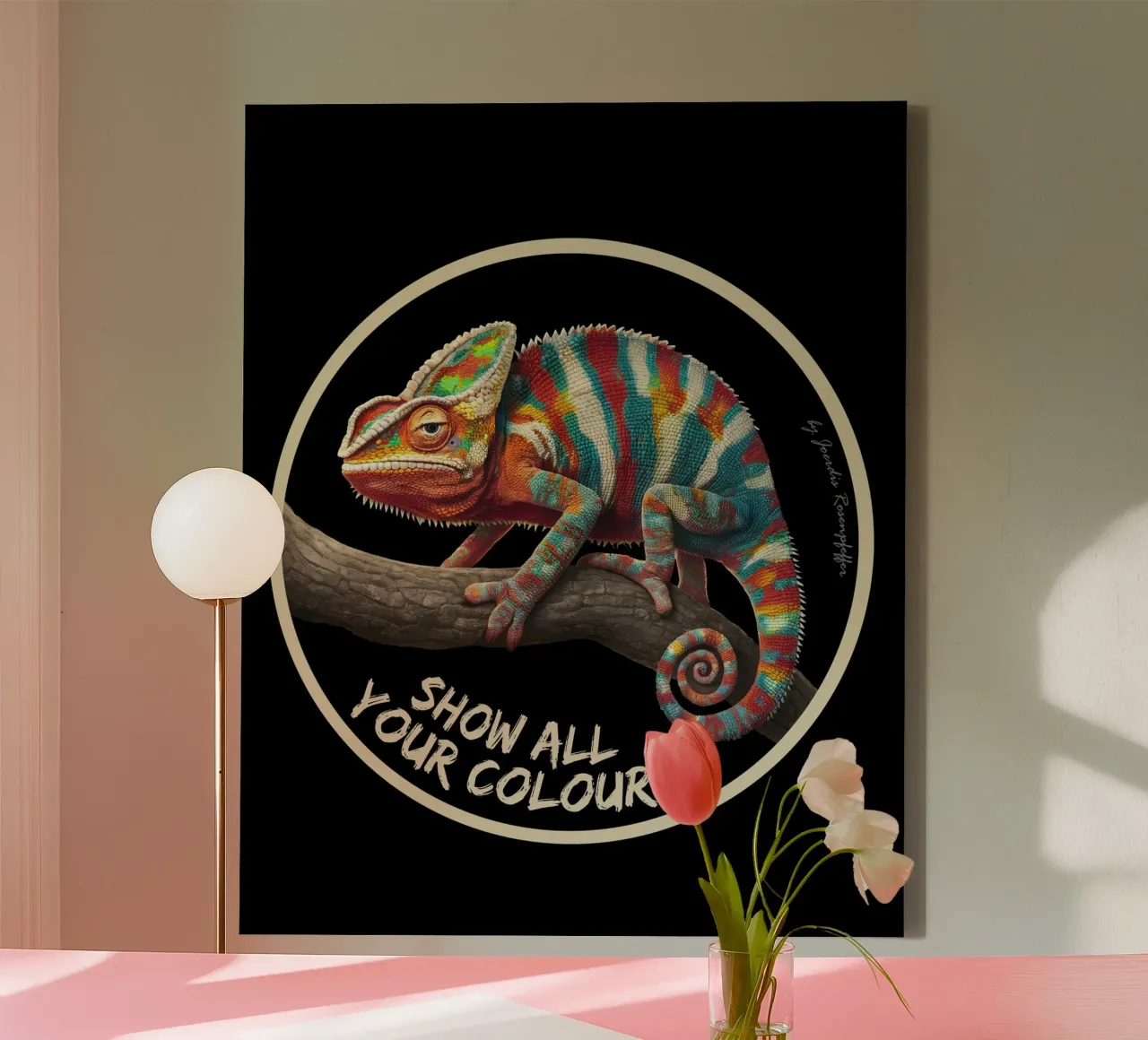Chamäleon mit Text show all your colours canvas with Floater frame by lessstressnerd