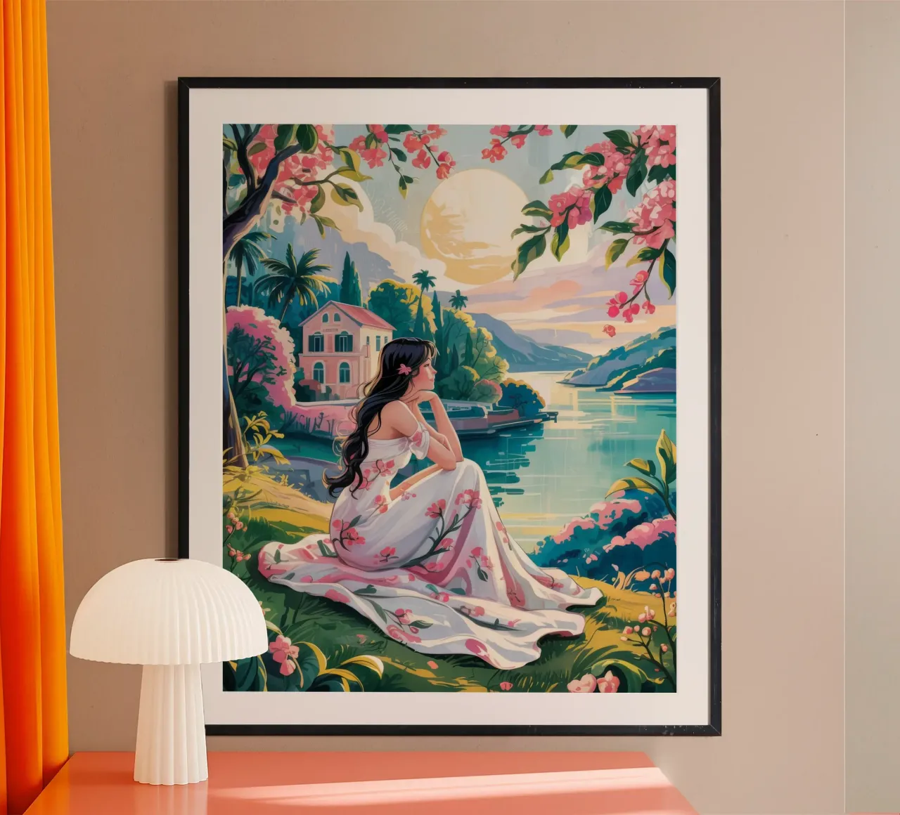 Tranquillità del fiume poster con telaio in plastica da Murni Strokes