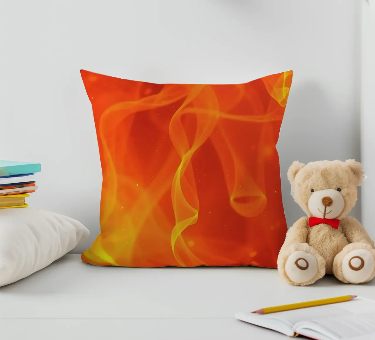 abstract art with flowing orange and yellow fiery lines decorative cushion by DesignDoodle