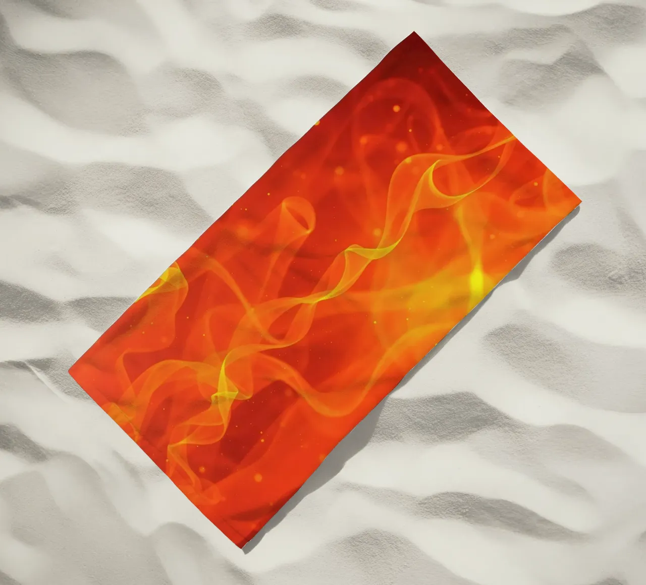 abstract art with flowing orange and yellow fiery lines beach towel by DesignDoodle
