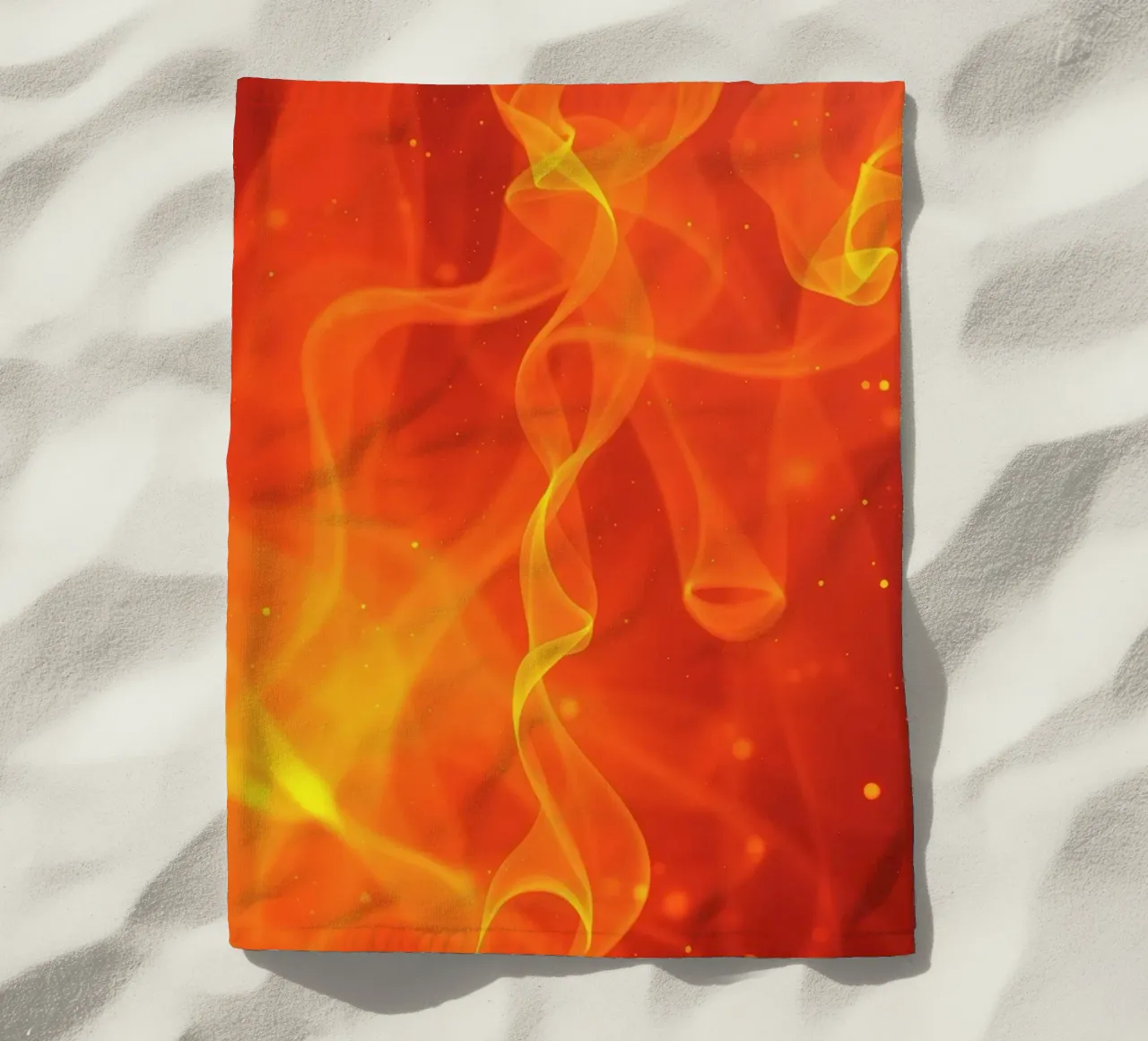 abstract art with flowing orange and yellow fiery lines beach towel by DesignDoodle