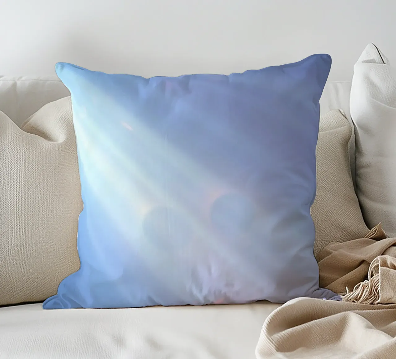 Soft blue light beams create a calming abstract background decorative cushion by DesignDoodle