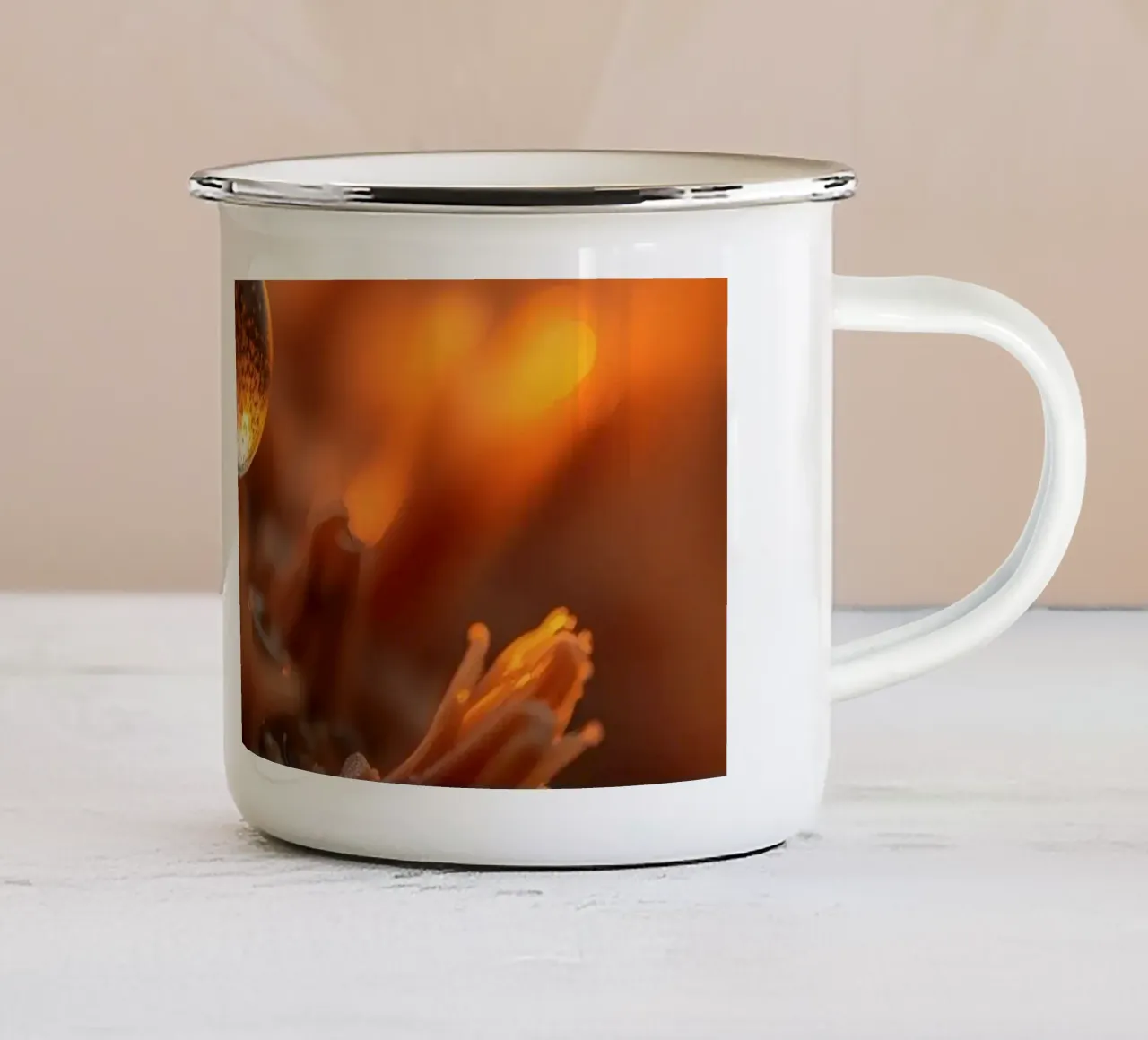 Captured dew drop reflecting warm tones on plant surface enamel mug by DesignDoodle