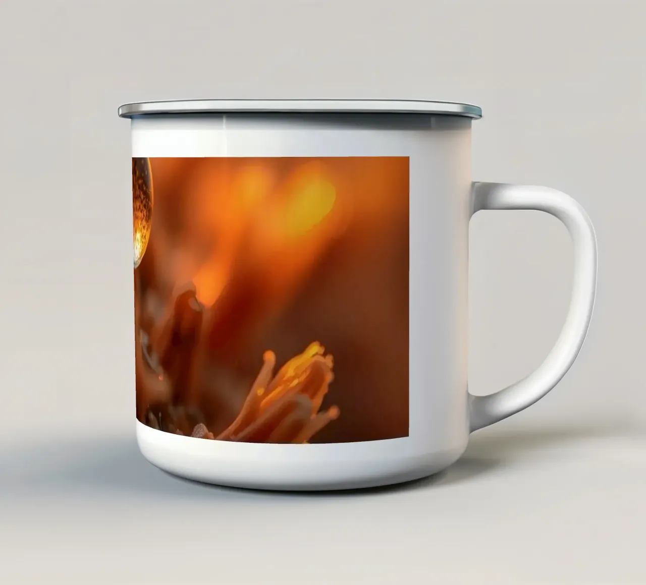 Captured dew drop reflecting warm tones on plant surface enamel mug by DesignDoodle