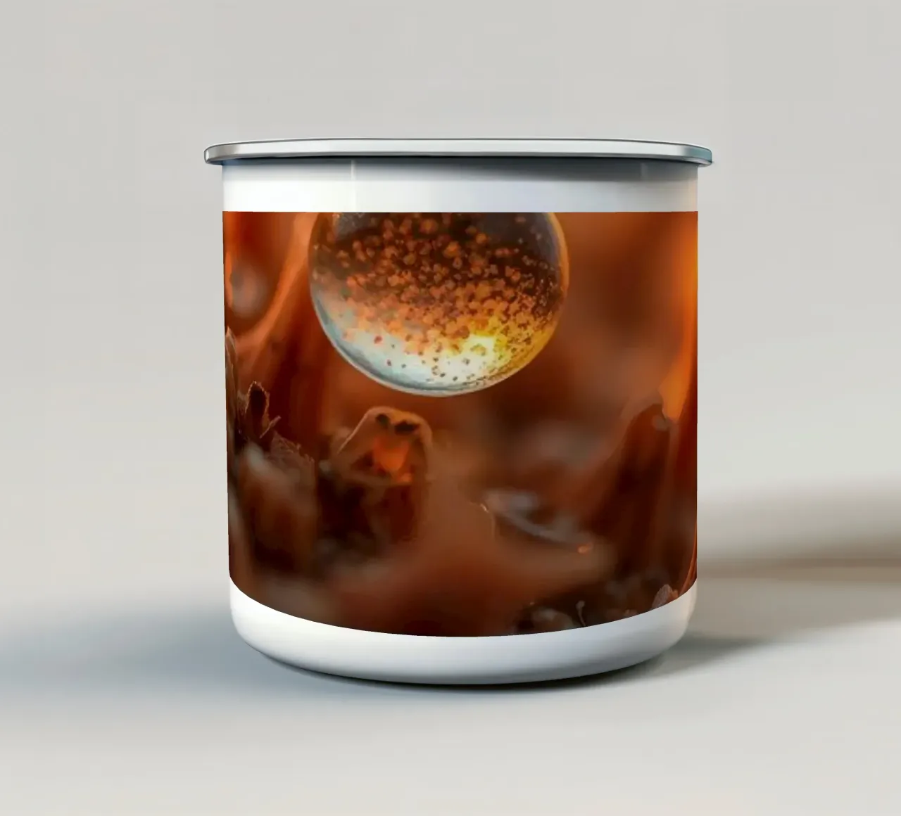 Captured dew drop reflecting warm tones on plant surface enamel mug by DesignDoodle