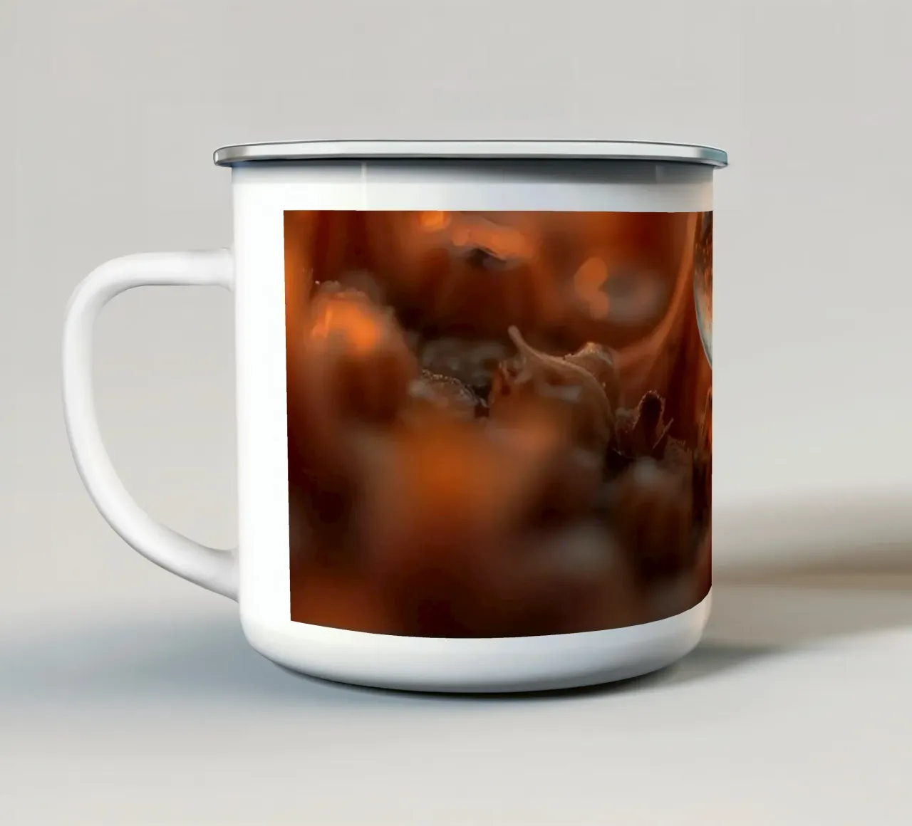 Captured dew drop reflecting warm tones on plant surface enamel mug by DesignDoodle