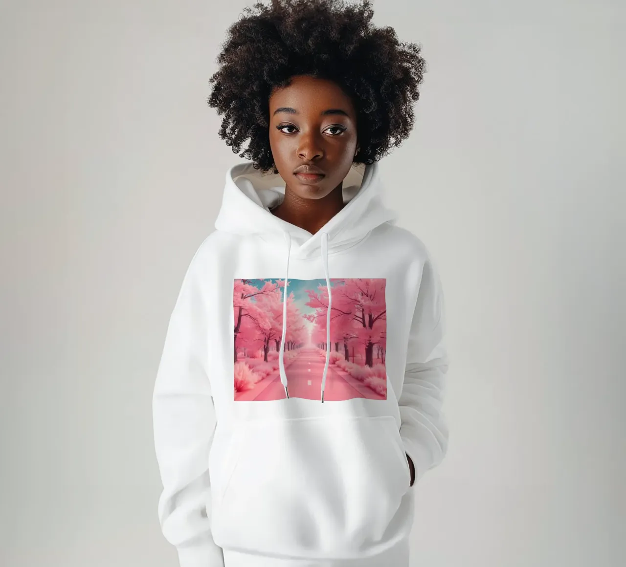 Alberi di ciliegio in fiore di colore rosa brillante costeggiano una strada serena sotto felpa con cappuccio da DesignDoodle
