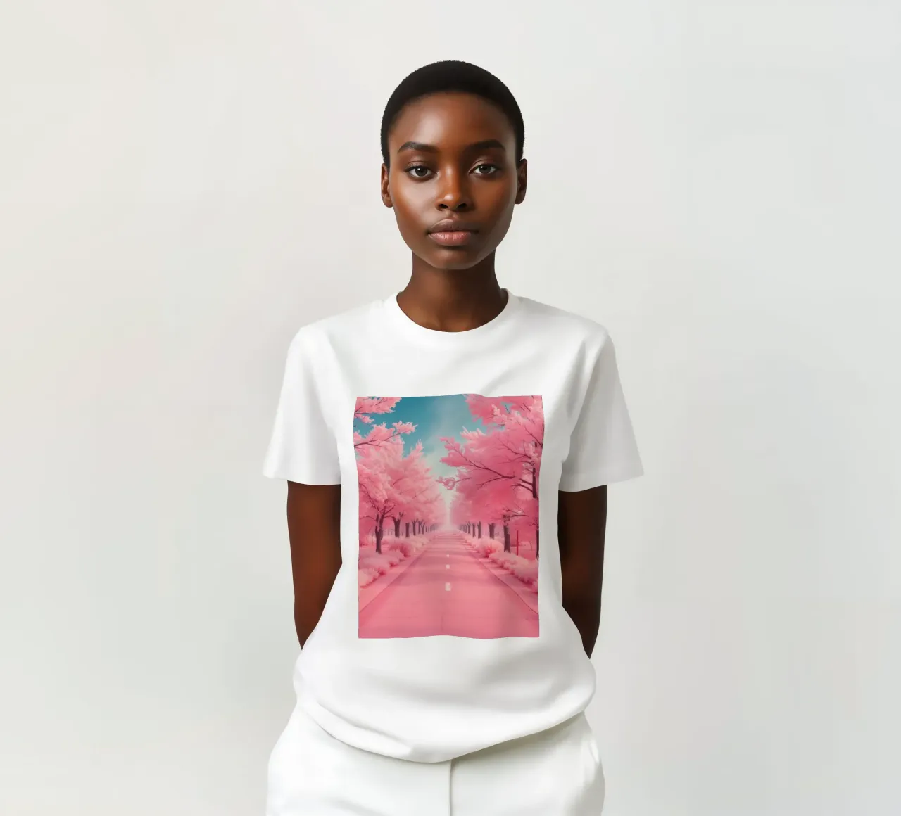 Alberi di ciliegio in fiore di colore rosa brillante costeggiano una strada serena sotto t-shirt da DesignDoodle
