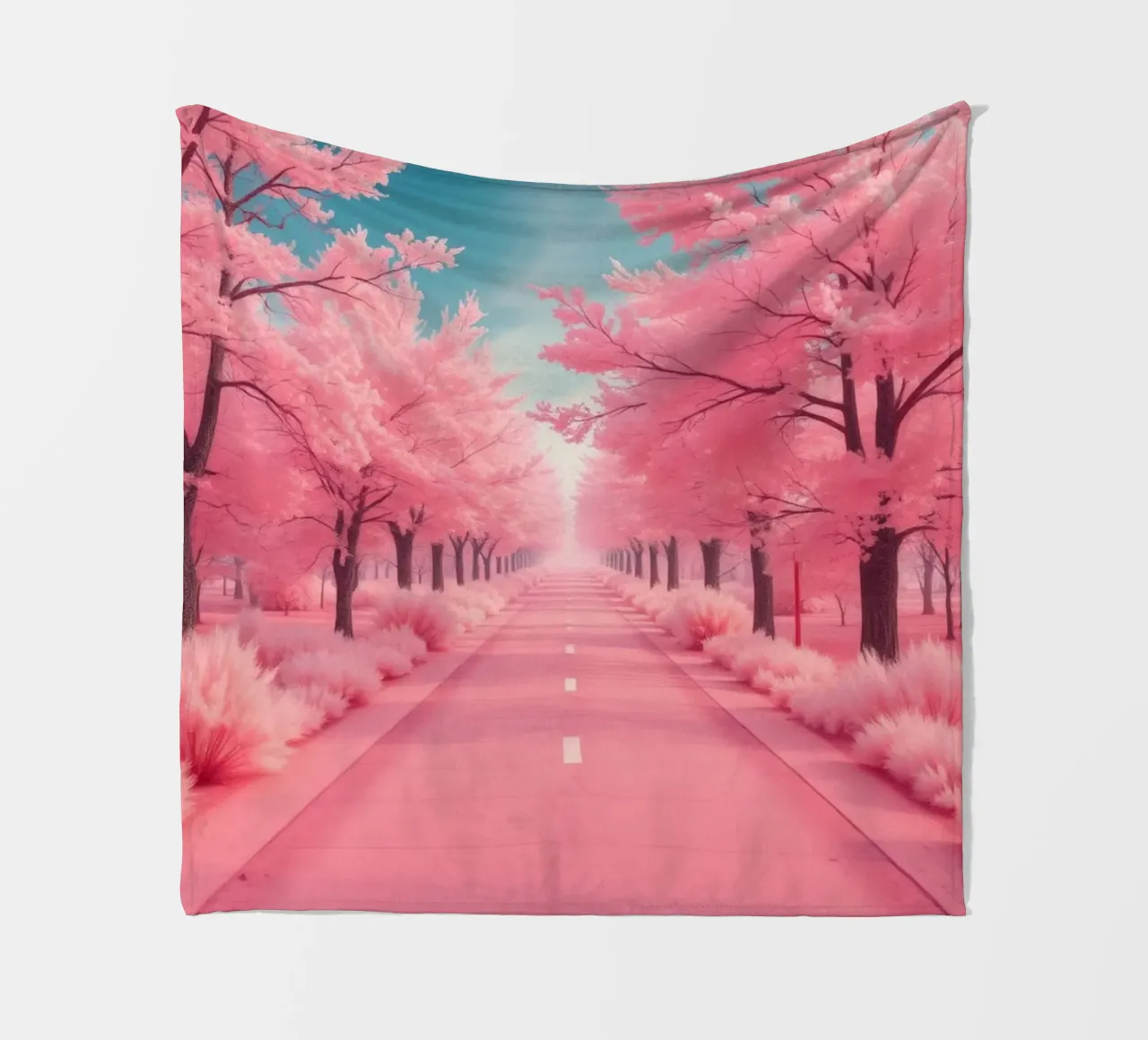 Alberi di ciliegio in fiore di colore rosa brillante costeggiano una strada serena sotto coperta in pile da DesignDoodle