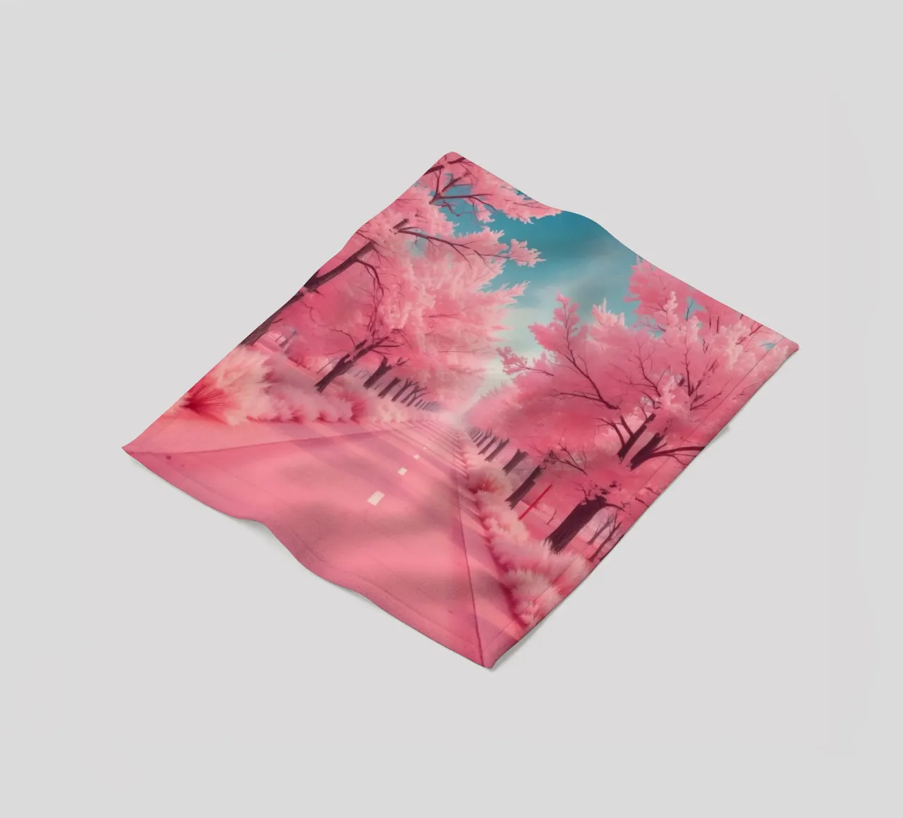Alberi di ciliegio in fiore di colore rosa brillante costeggiano una strada serena sotto coperta in pile da DesignDoodle
