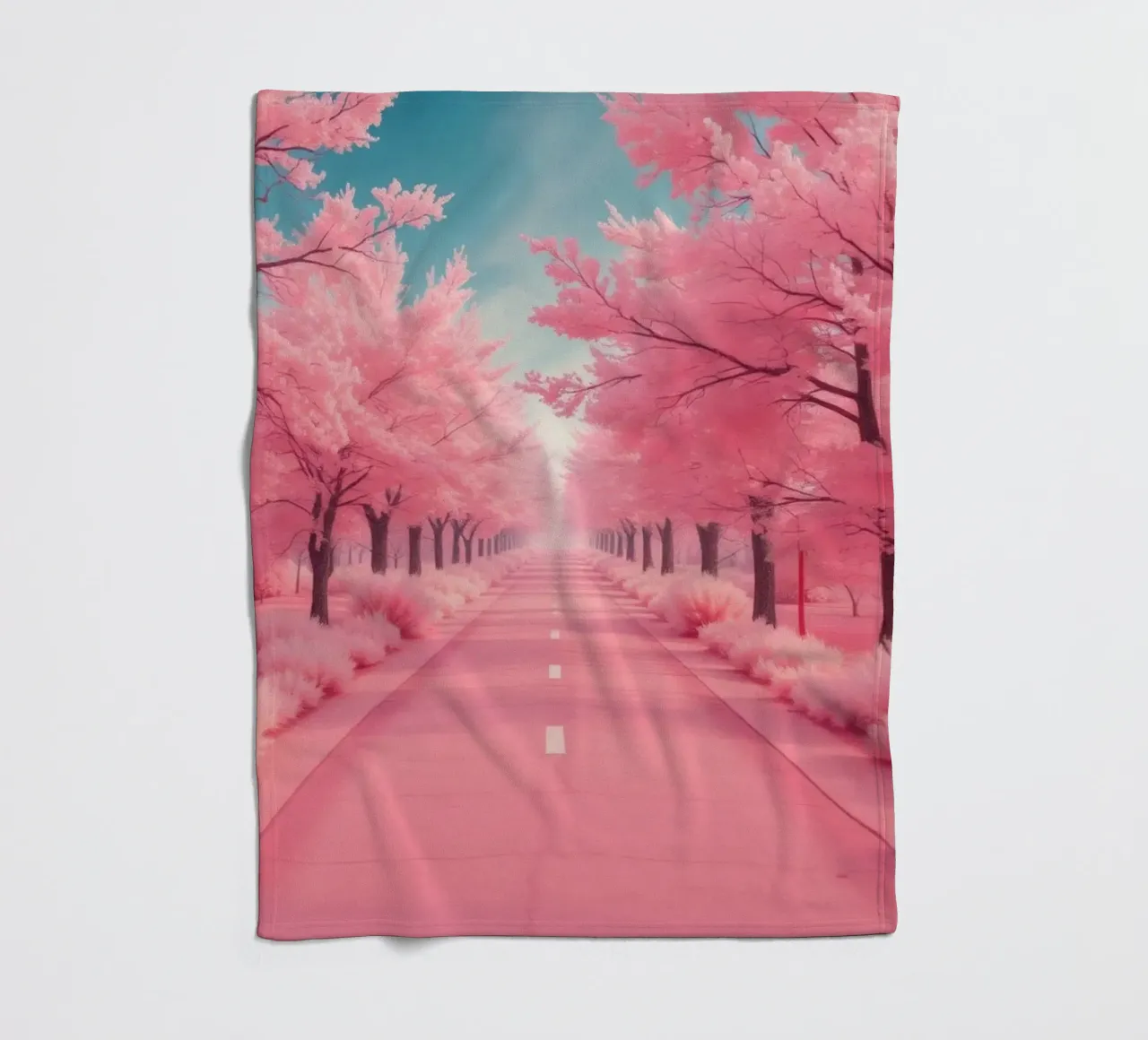 Alberi di ciliegio in fiore di colore rosa brillante costeggiano una strada serena sotto coperta in pile da DesignDoodle