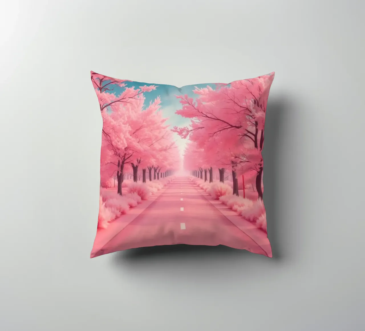 Alberi di ciliegio in fiore di colore rosa brillante costeggiano una strada serena sotto cuscino da DesignDoodle