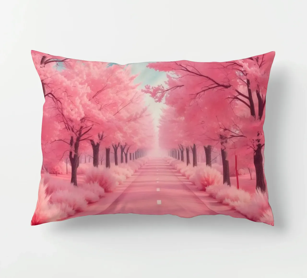 Alberi di ciliegio in fiore di colore rosa brillante costeggiano una strada serena sotto cuscino da DesignDoodle