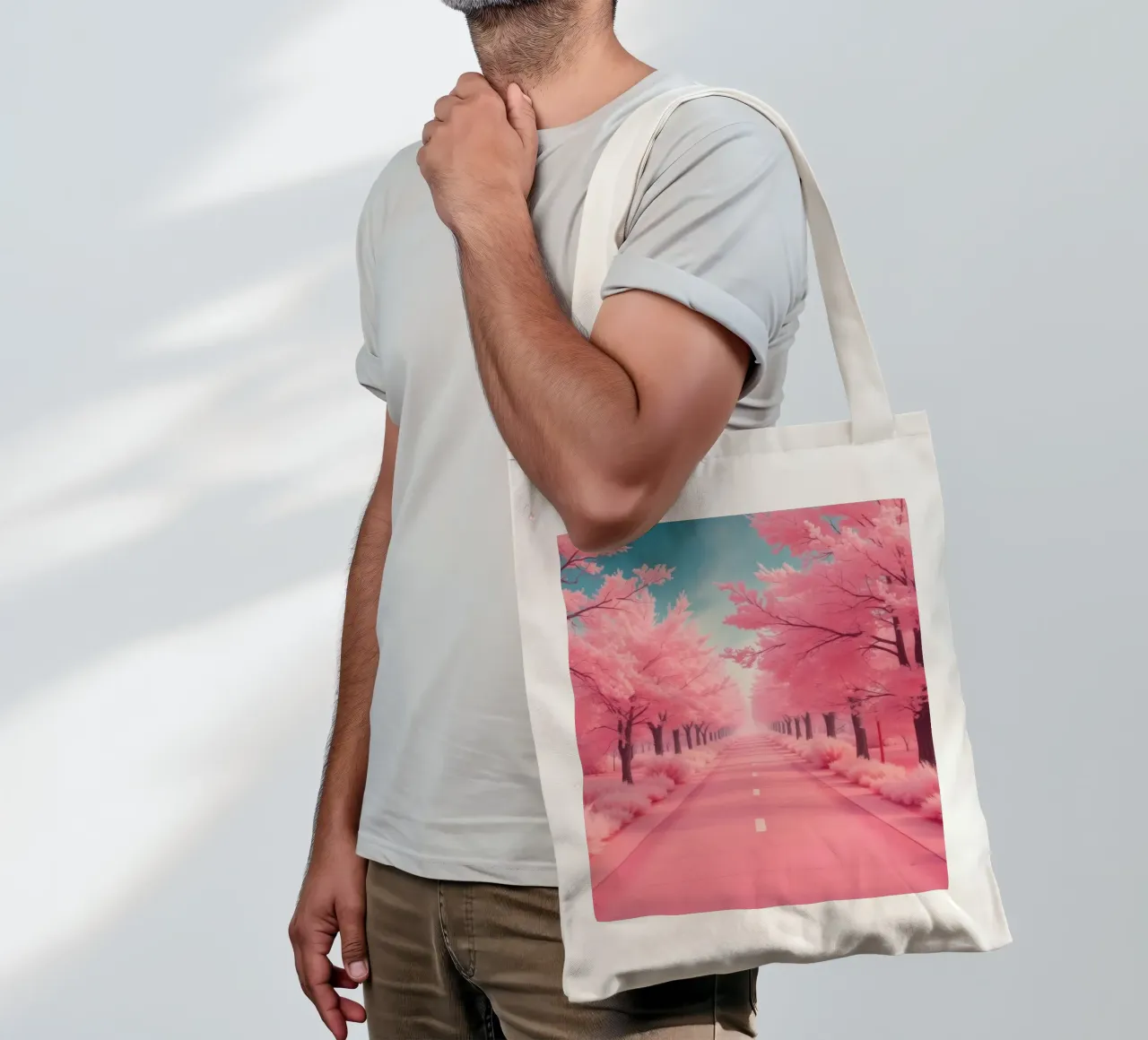 Alberi di ciliegio in fiore di colore rosa brillante costeggiano una strada serena sotto borsa in juta da DesignDoodle