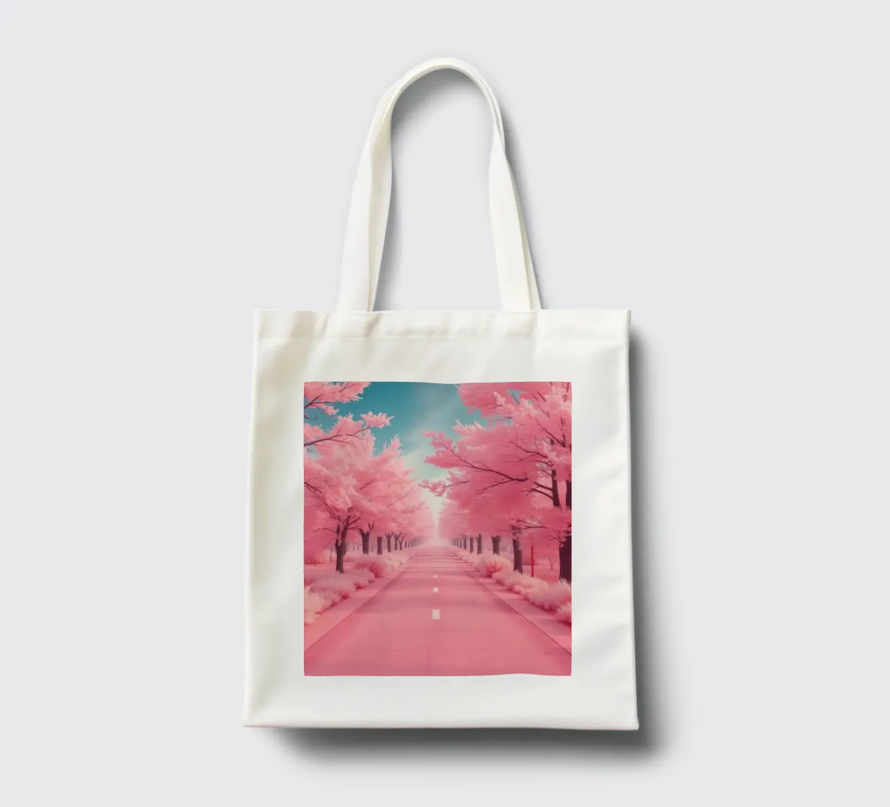 Alberi di ciliegio in fiore di colore rosa brillante costeggiano una strada serena sotto borsa in juta da DesignDoodle
