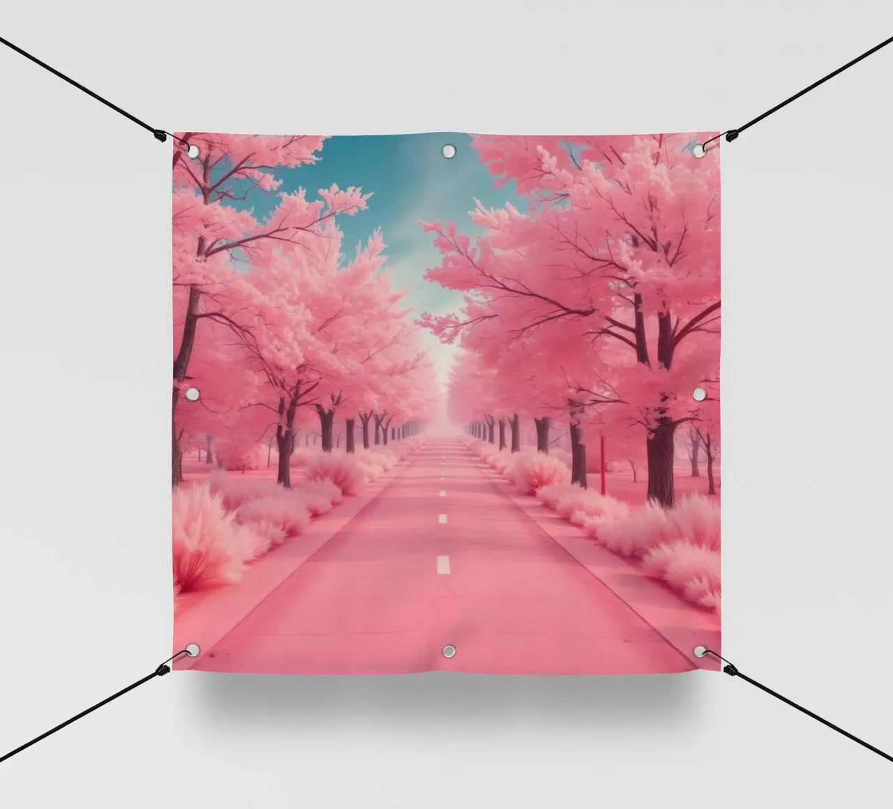 Alberi di ciliegio in fiore di colore rosa brillante costeggiano una strada serena sotto telo in pvc da DesignDoodle