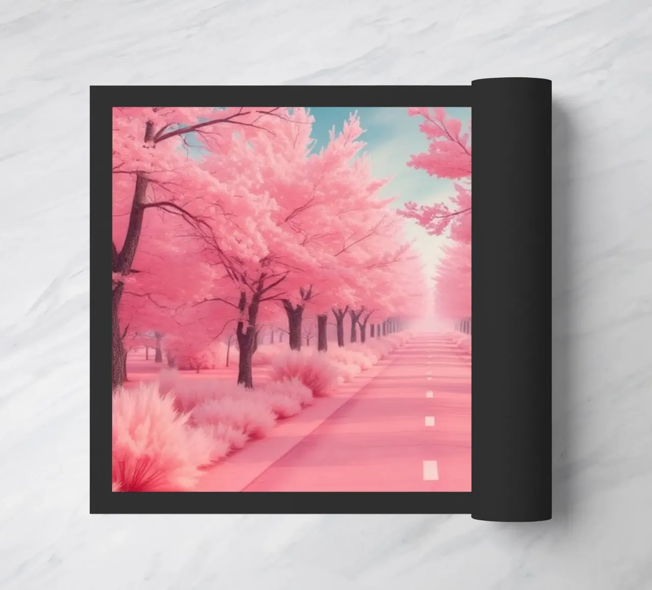 Alberi di ciliegio in fiore di colore rosa brillante costeggiano una strada serena sotto zerbino da DesignDoodle