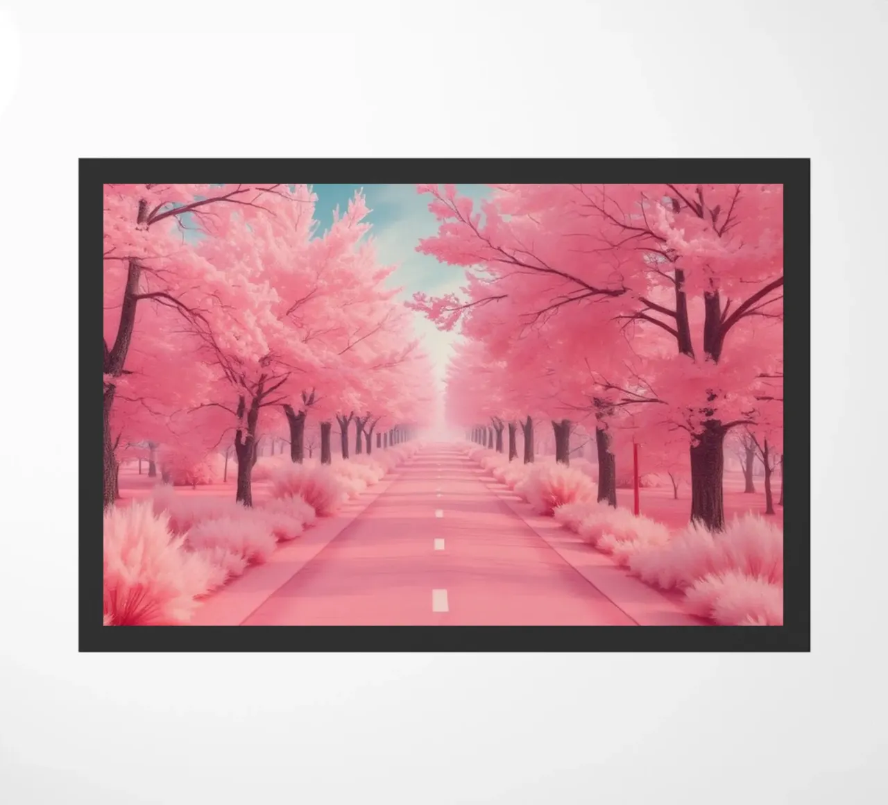 Alberi di ciliegio in fiore di colore rosa brillante costeggiano una strada serena sotto zerbino da DesignDoodle