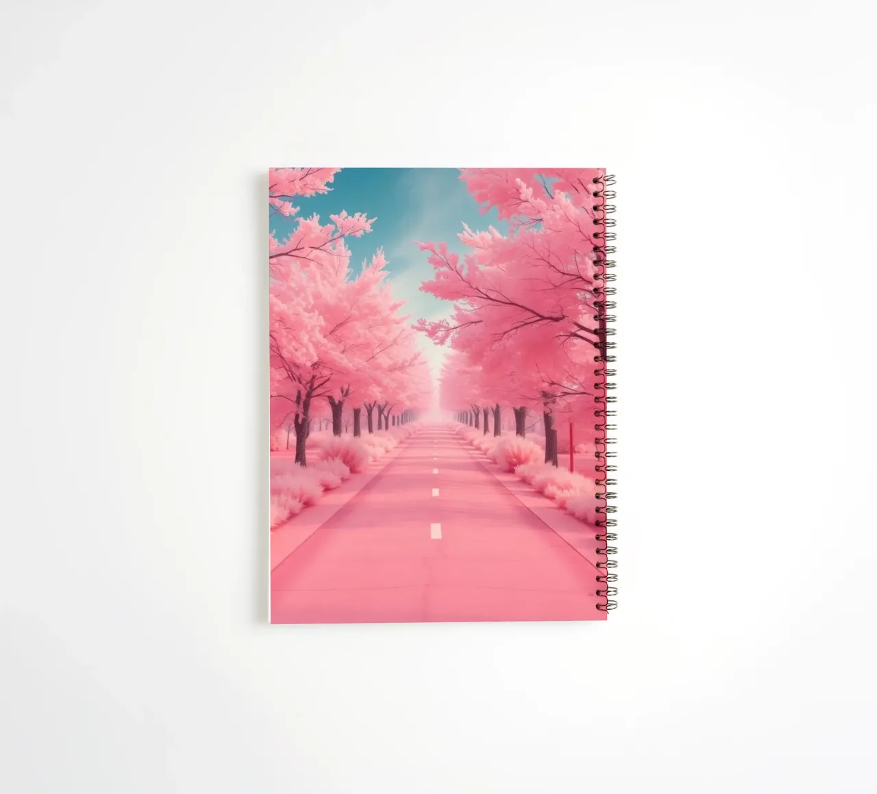 Alberi di ciliegio in fiore di colore rosa brillante costeggiano una strada serena sotto diario ad anelli da DesignDoodle