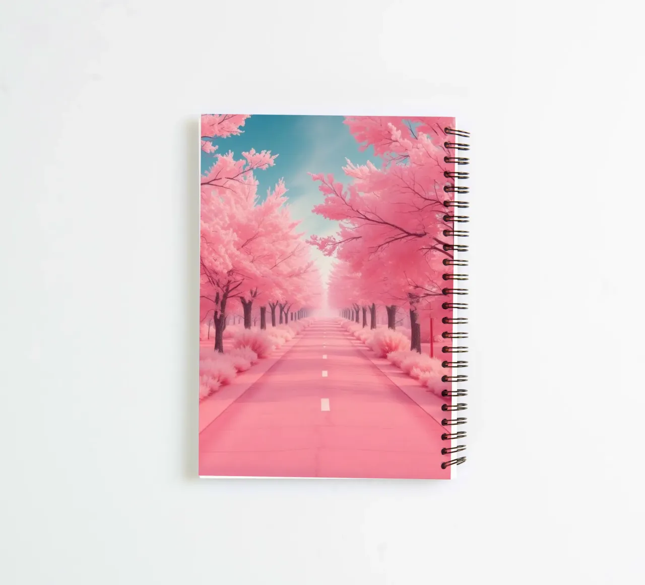 Alberi di ciliegio in fiore di colore rosa brillante costeggiano una strada serena sotto diario ad anelli da DesignDoodle