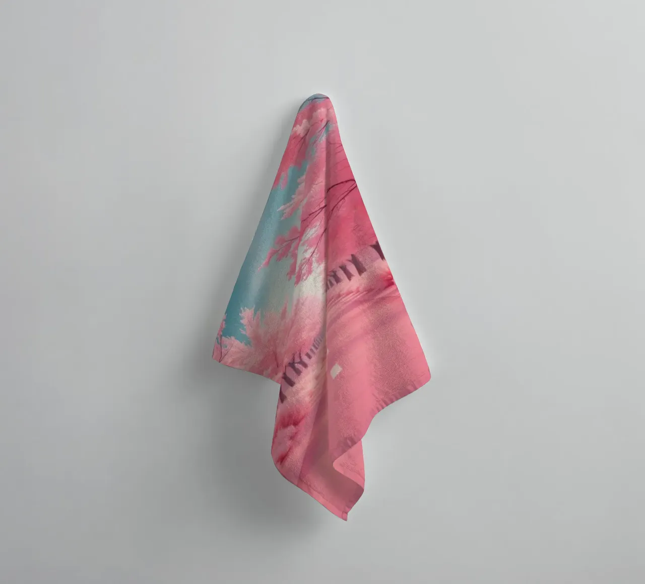 Alberi di ciliegio in fiore di colore rosa brillante costeggiano una strada serena sotto asciugamano da bagno da DesignDoodle