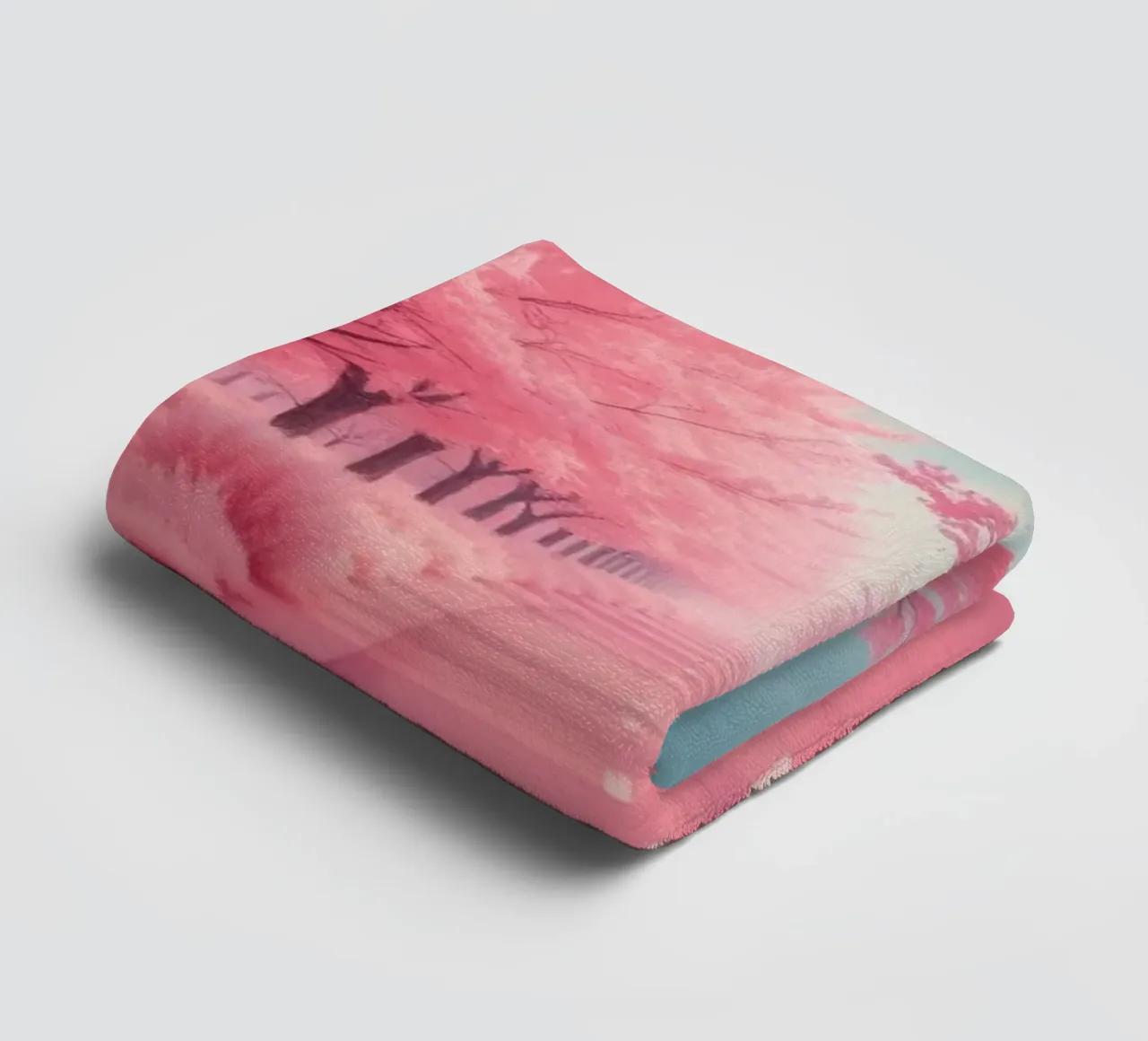Alberi di ciliegio in fiore di colore rosa brillante costeggiano una strada serena sotto asciugamano da bagno da DesignDoodle