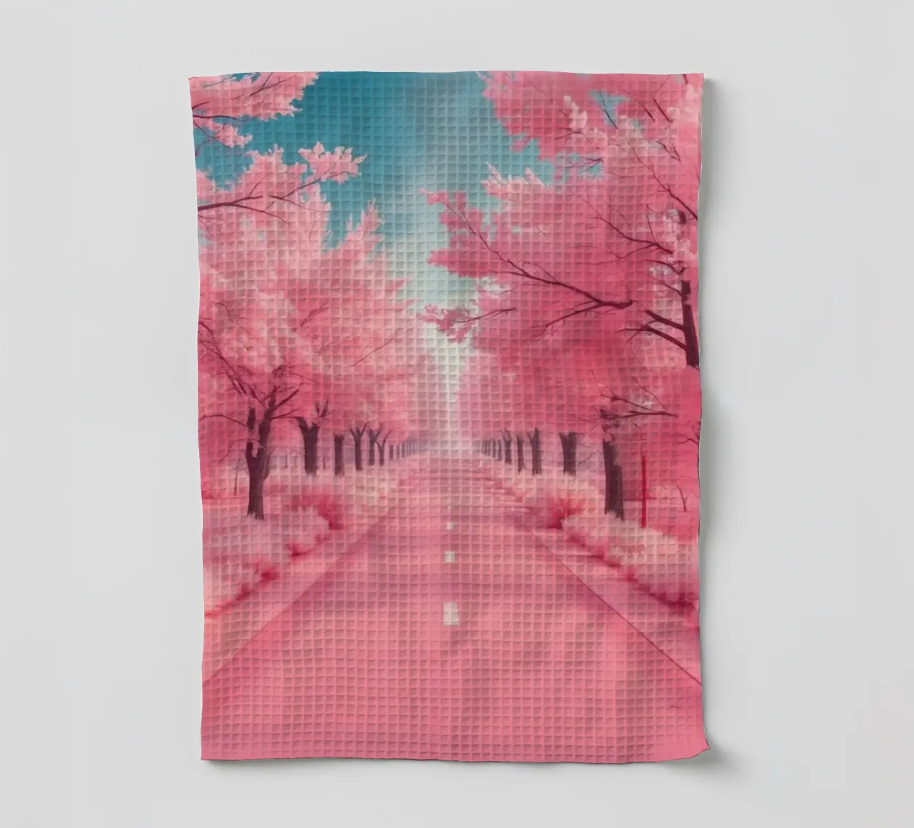 Alberi di ciliegio in fiore di colore rosa brillante costeggiano una strada serena sotto canovaccio da cucina da DesignDoodle
