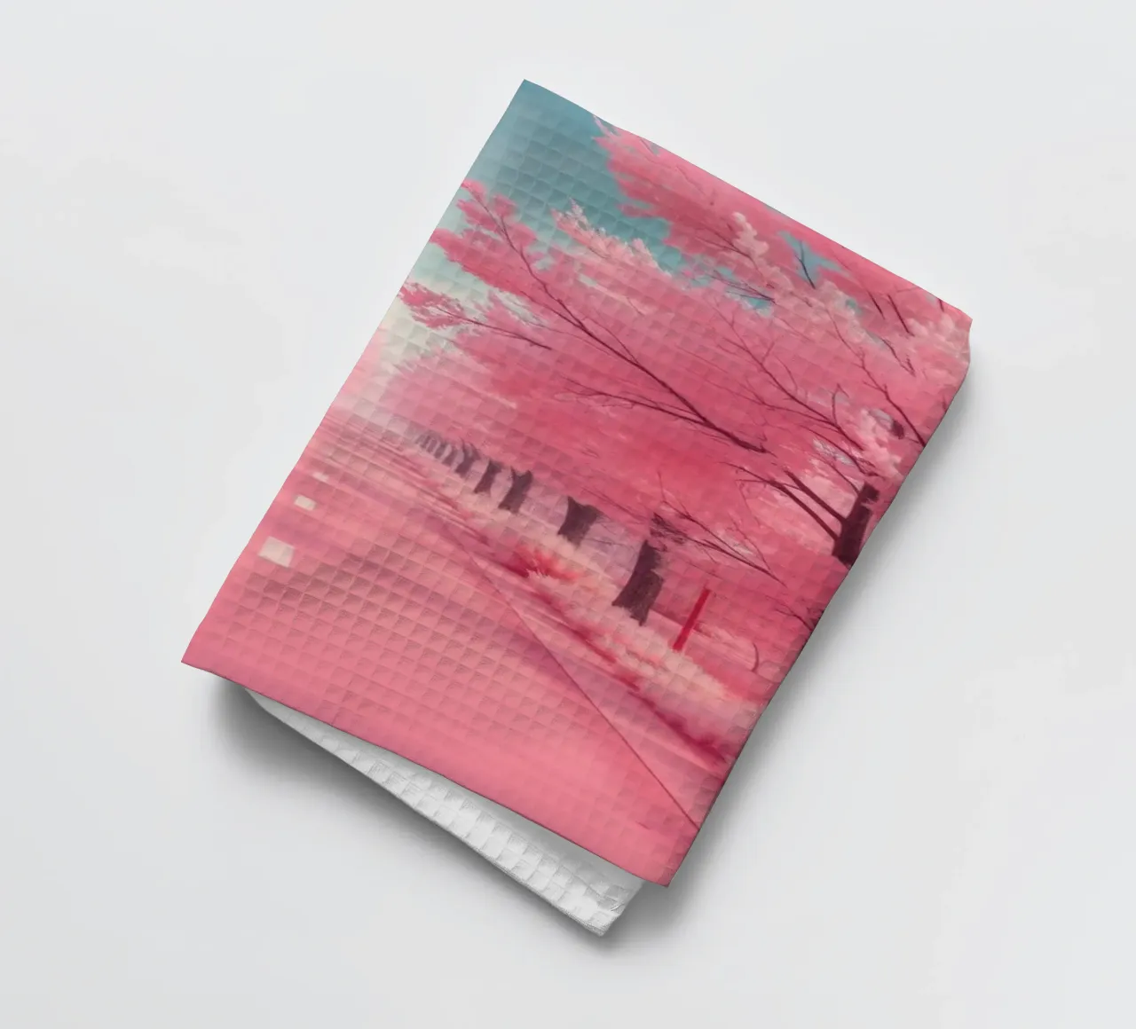 Alberi di ciliegio in fiore di colore rosa brillante costeggiano una strada serena sotto canovaccio da cucina da DesignDoodle