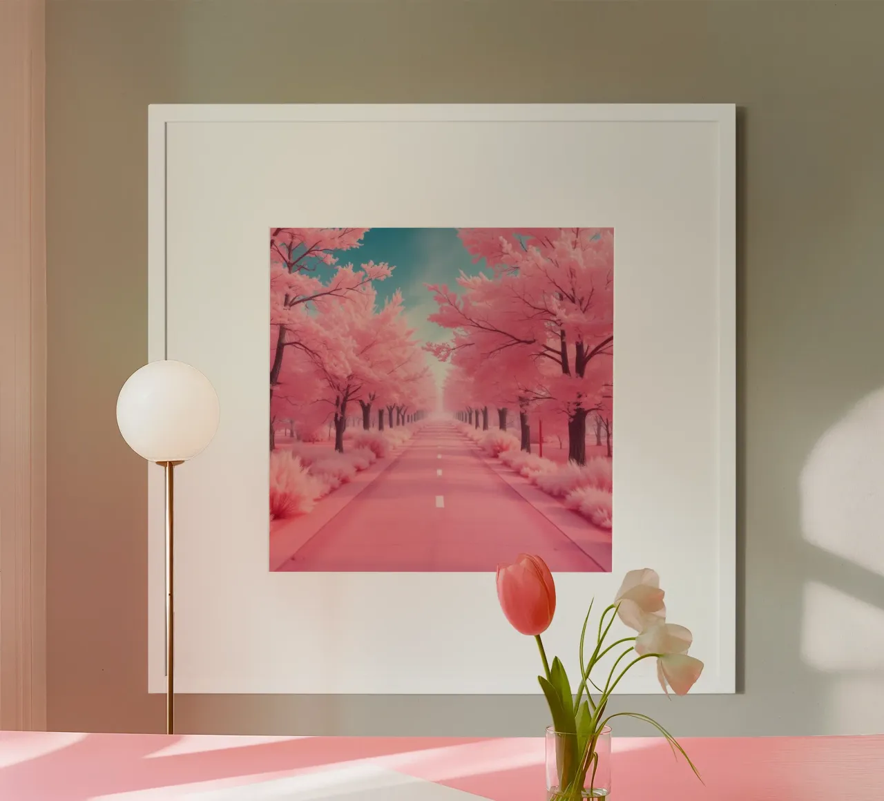 Alberi di ciliegio in fiore di colore rosa brillante costeggiano una strada serena sotto carta hahnemühle da DesignDoodle