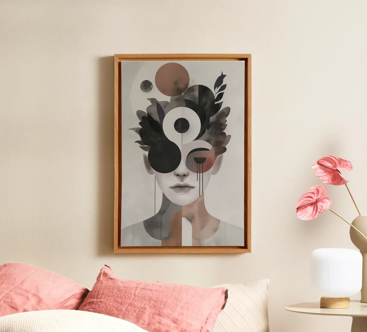 Abstract gezicht canvas met Baklijst van Imagine