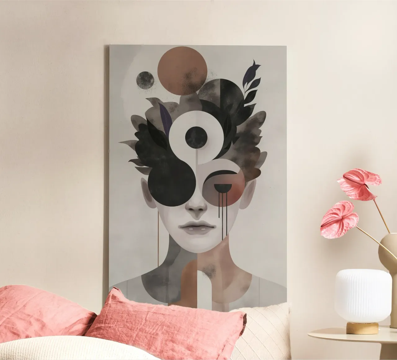 Abstract gezicht canvas met Baklijst van Imagine
