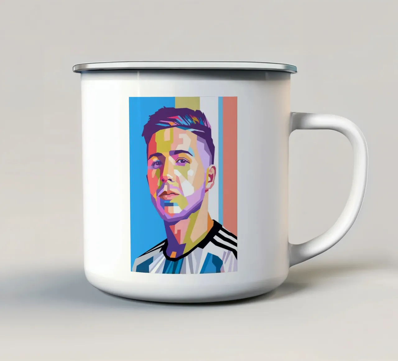 Enzo Fernandez ritratto pop art tazza in smalto da Hantamrata
