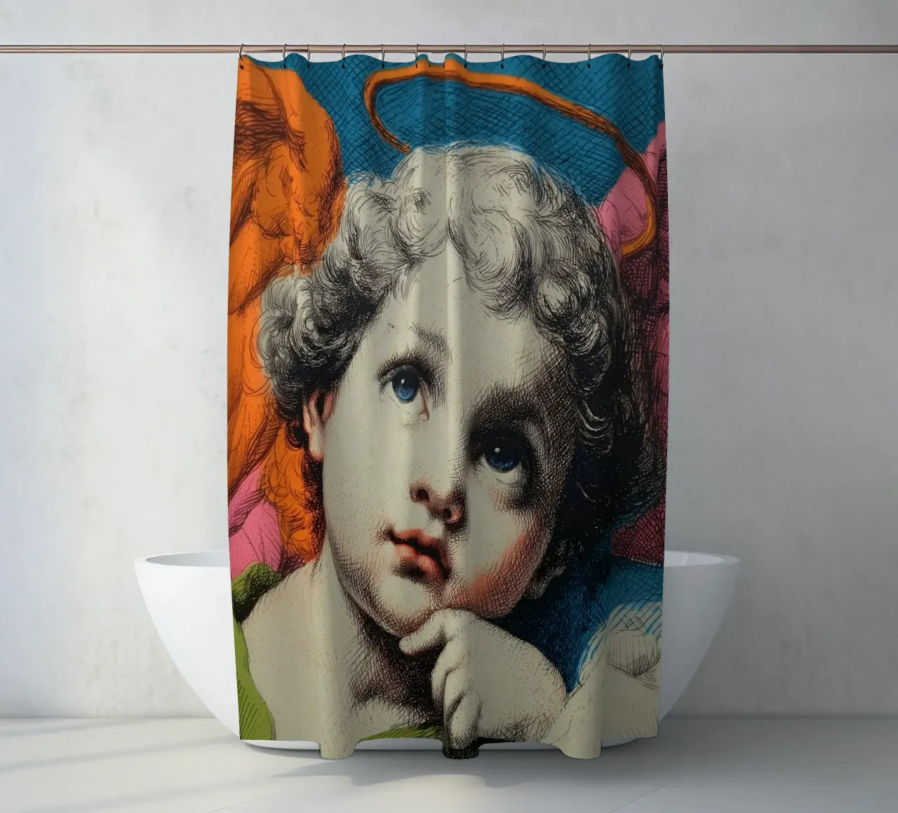 Angel drawing with halo shower curtain by Carinaprint
