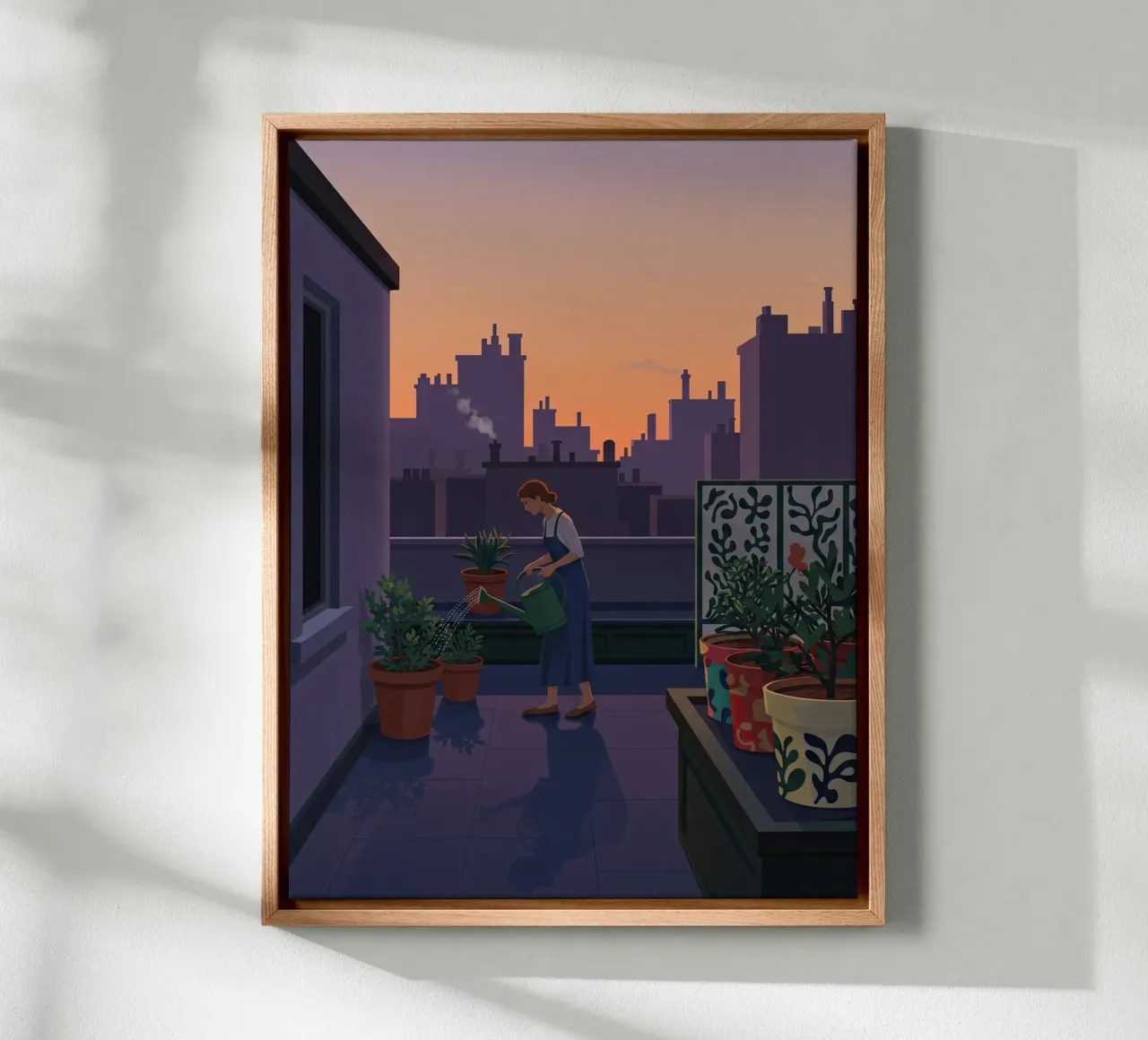 Dachgarten in der Abenddämmerung Leinwand mit Schattenfugenrahmen von Art Center