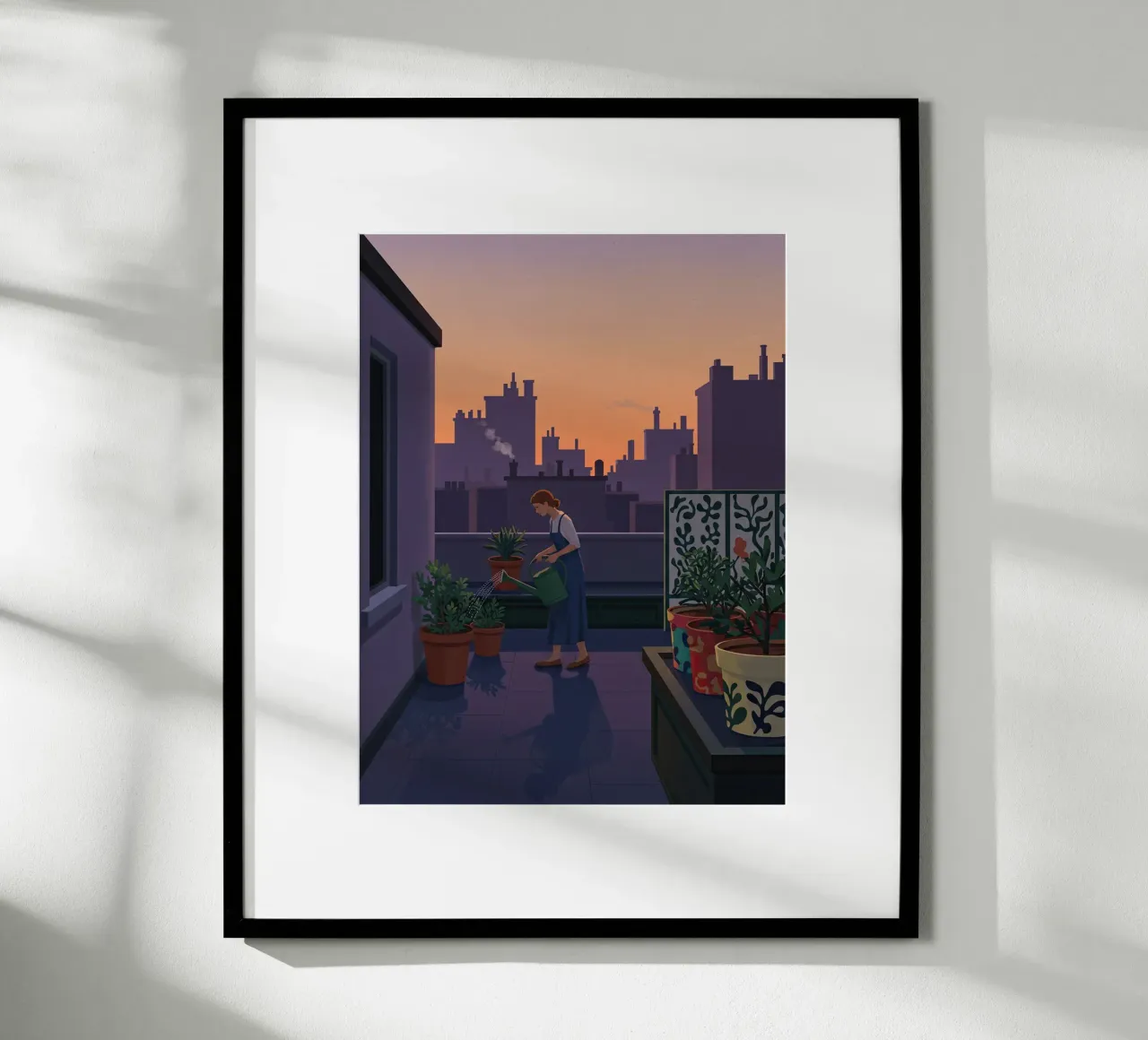 Dachgarten in der Abenddämmerung Poster mit Kunststoffrahmen von Art Center