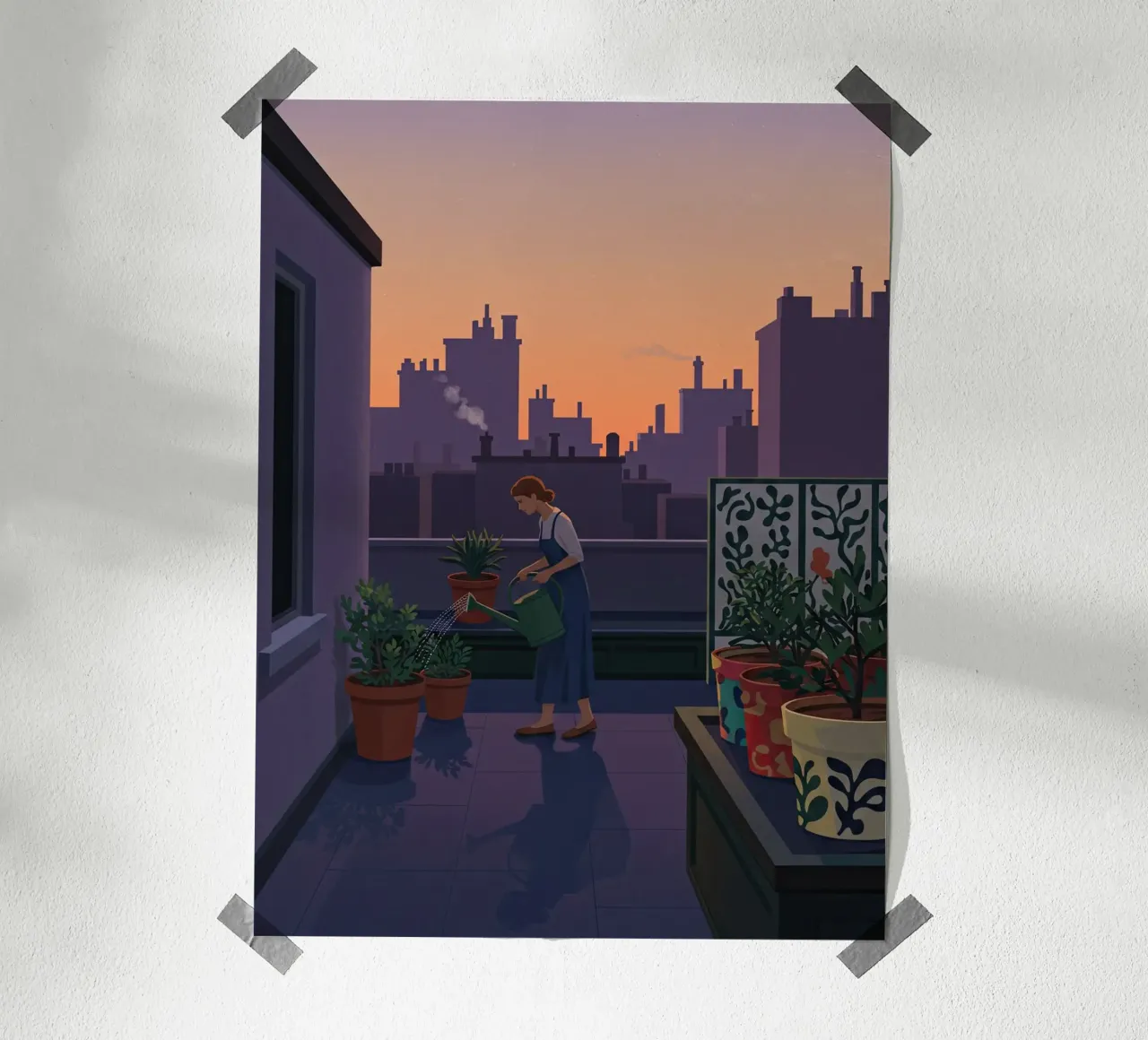 Dachgarten in der Abenddämmerung Poster mit Kunststoffrahmen von Art Center