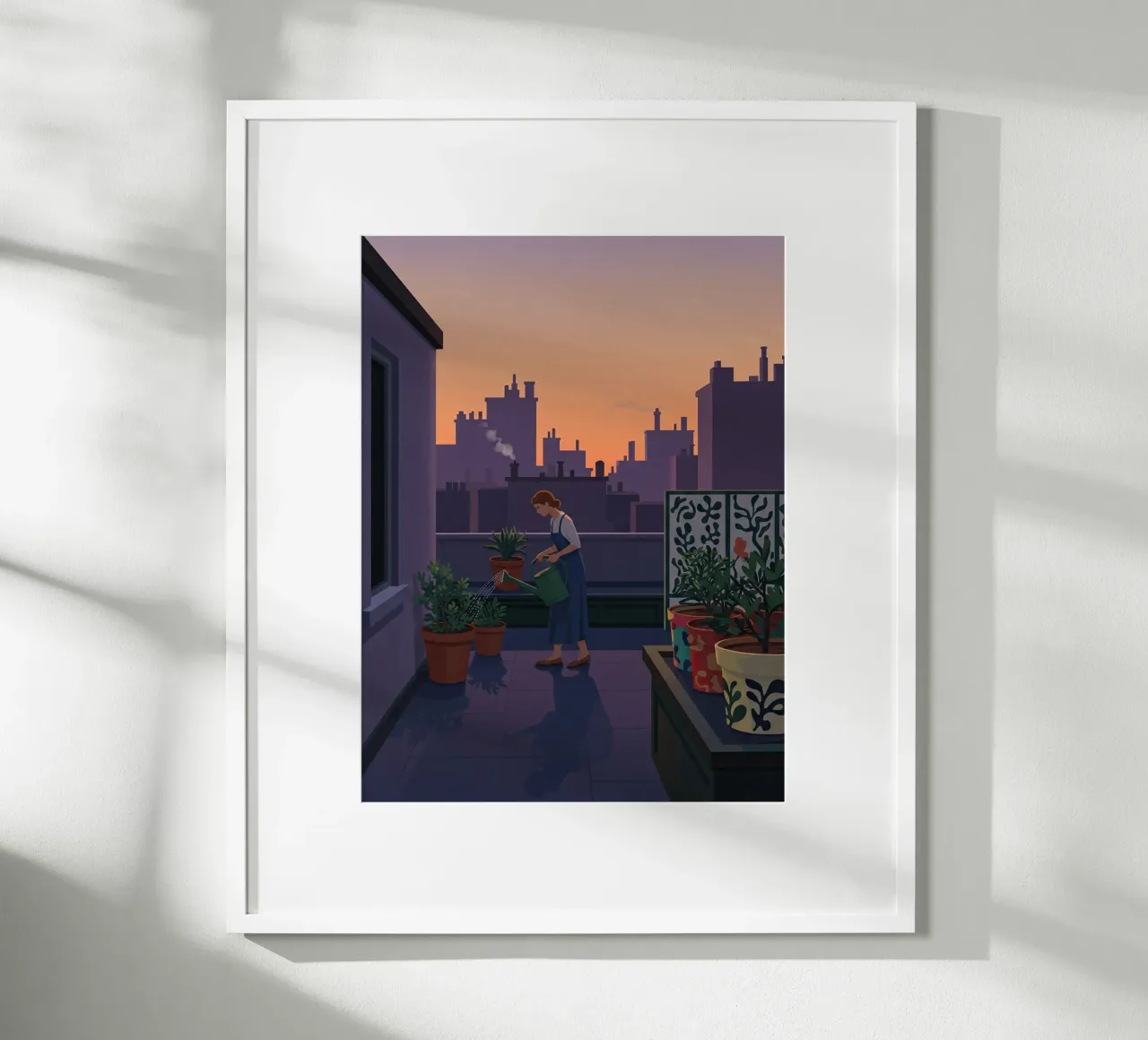 Dachgarten in der Abenddämmerung Poster mit Kunststoffrahmen von Art Center