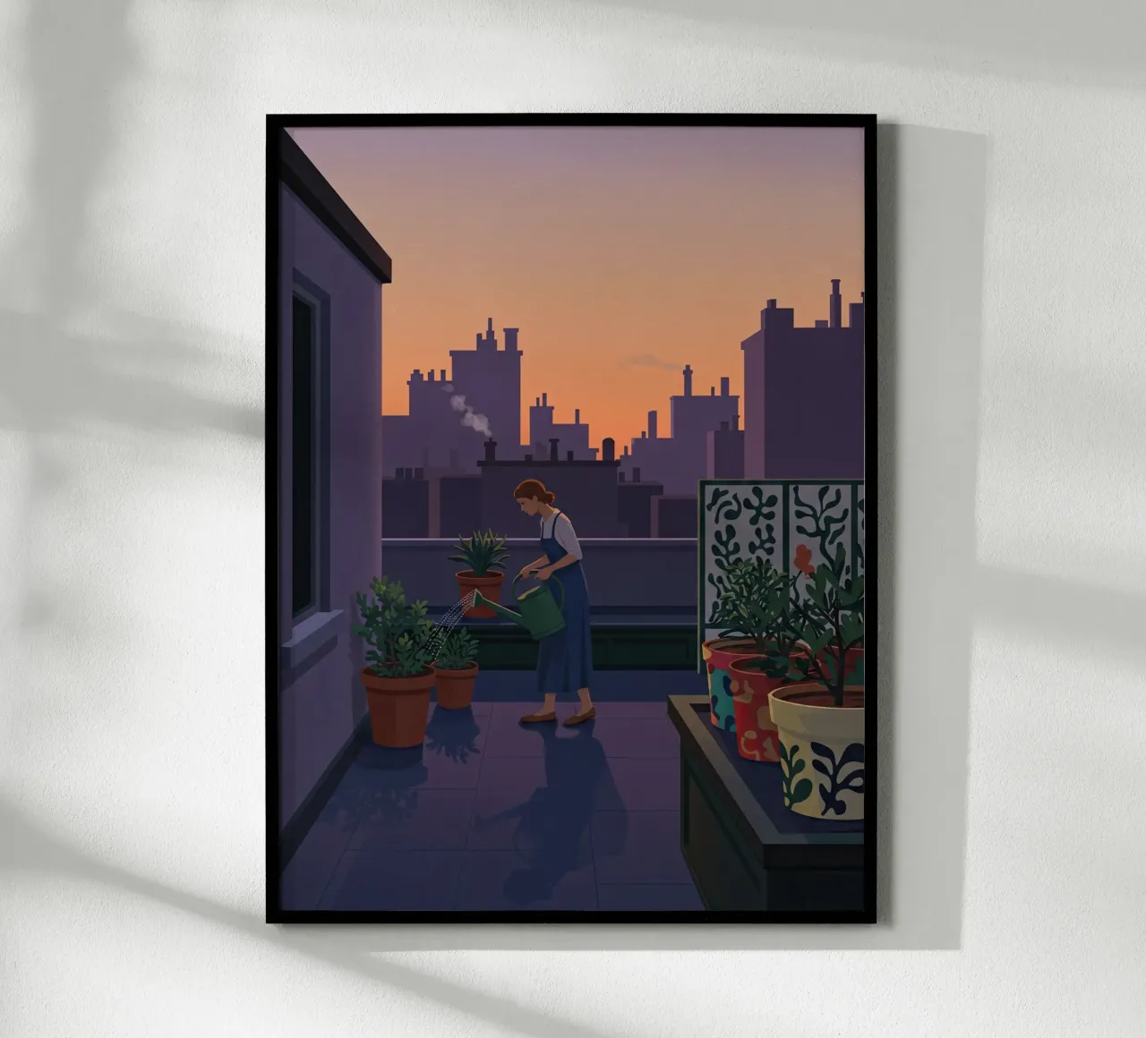 Dachgarten in der Abenddämmerung Poster mit Kunststoffrahmen von Art Center